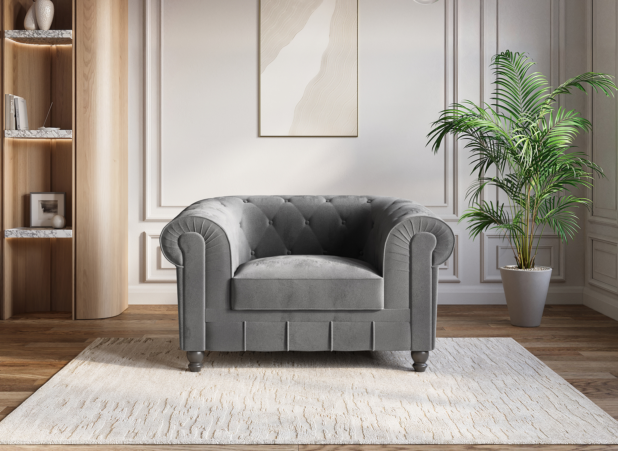 Sillón Chesterfield de terciopelo gris