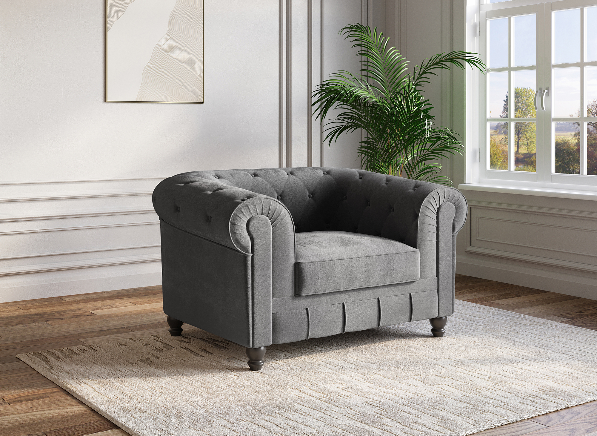 Sillón Chesterfield de terciopelo gris