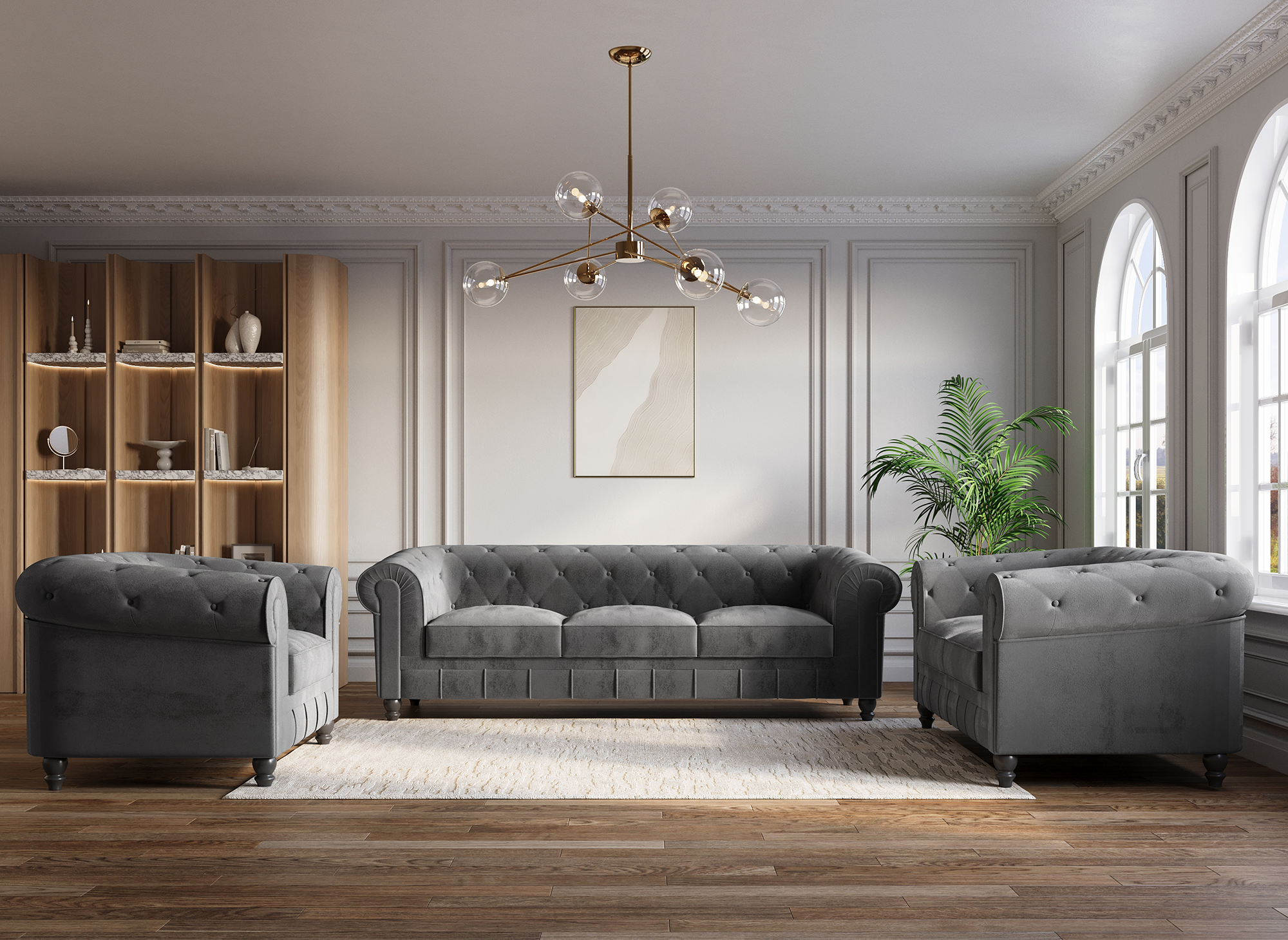 Sofá Chesterfield de terciopelo gris de 2 plazas