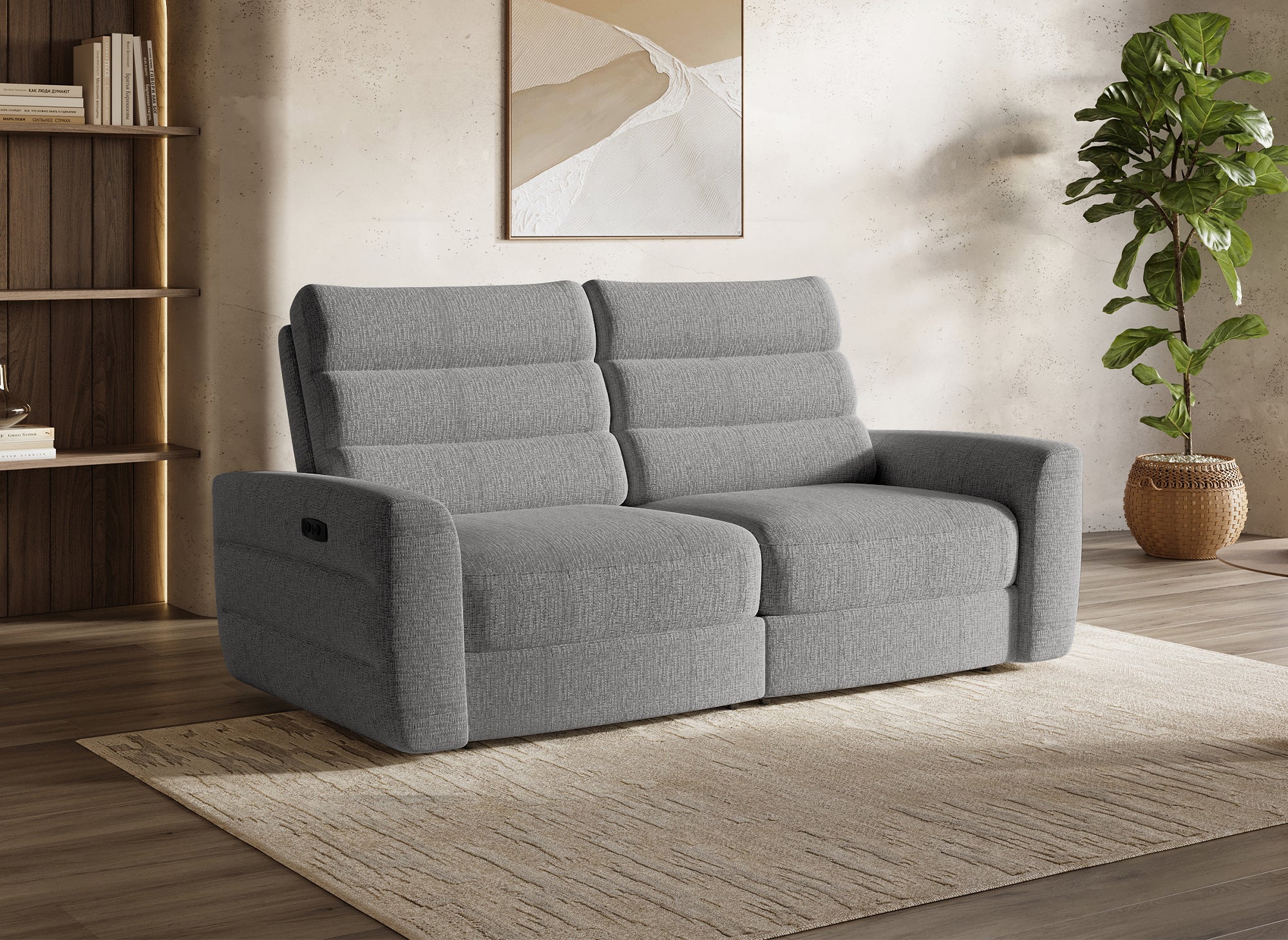 Sofá reclinable eléctrico de 3 plazas DAVY en tela bouclé gris