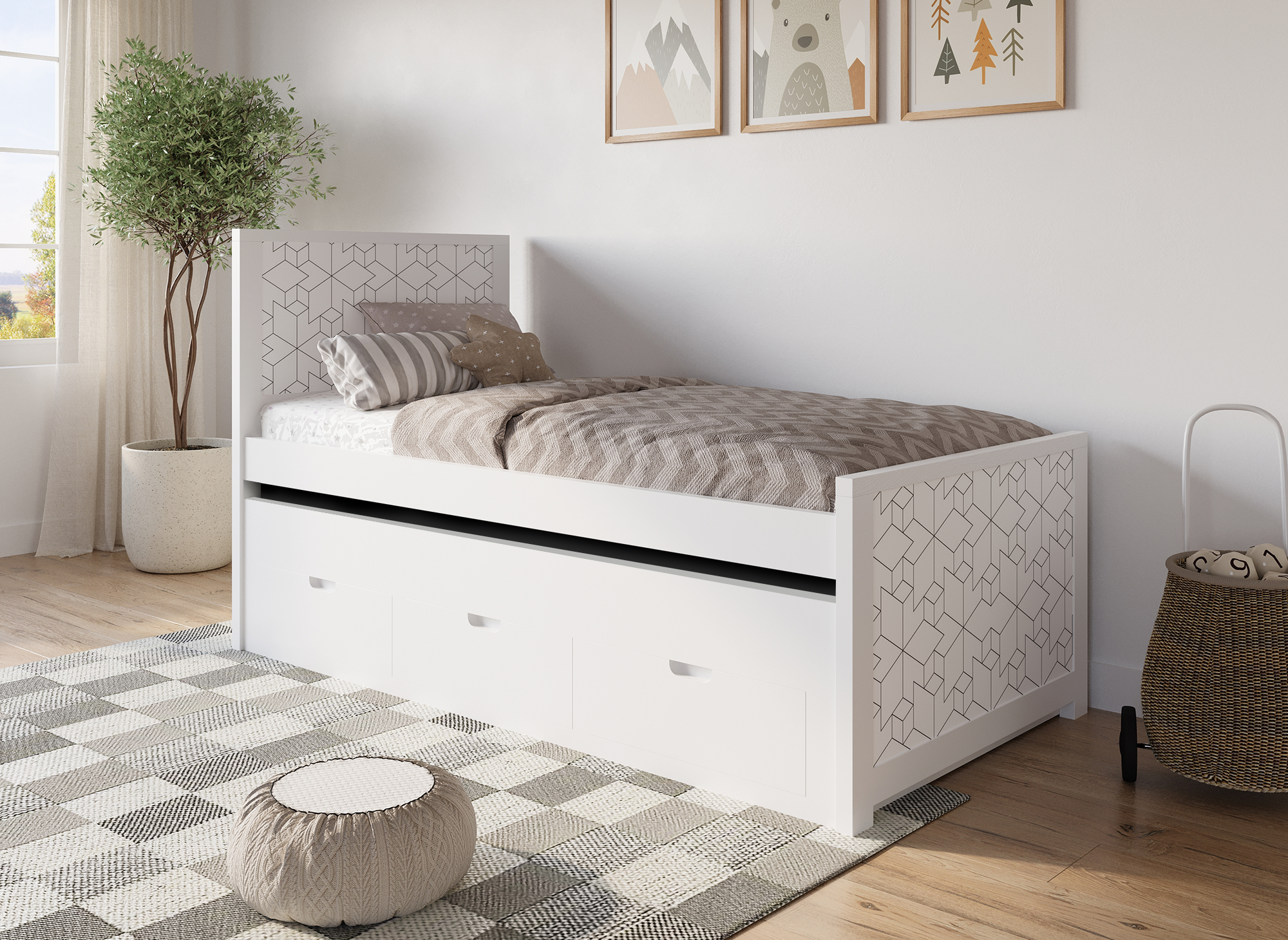 Cama nido ENORA de madera blanca con cajones, 90 x 190 cm