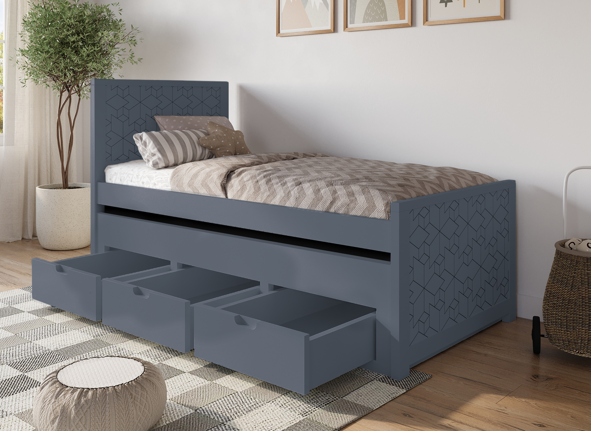 Cama nido ENORA con cajones en madera gris, 90 x 190 cm