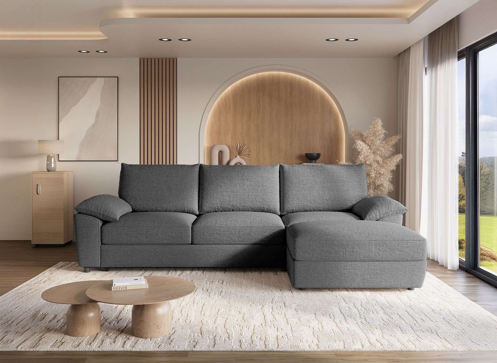 Sofá esquinero convertible GABIN con almacenaje en terciopelo gris jaspeado - Esquinero derecho