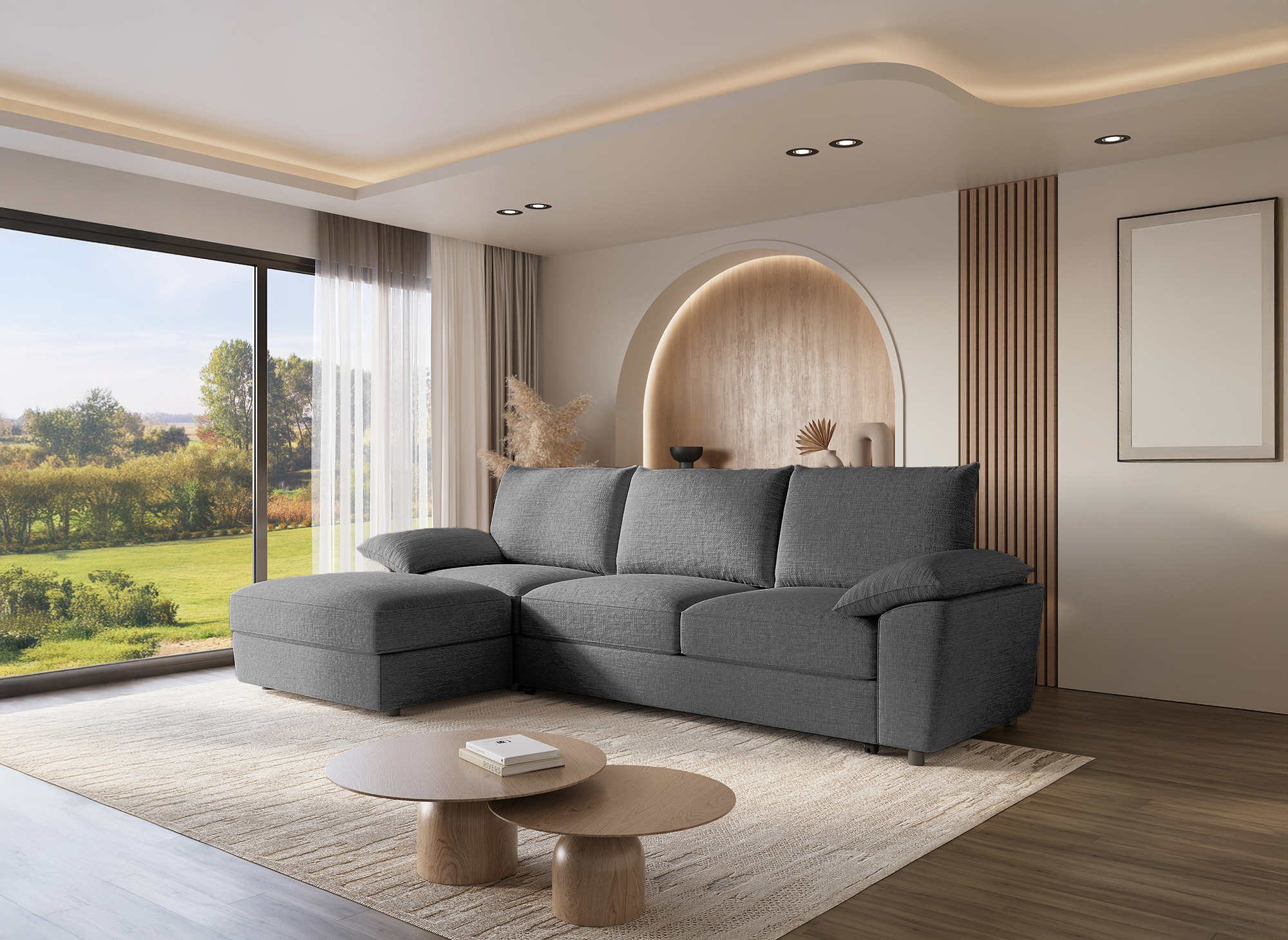 Sofá cama esquinero GABIN con almacenaje en terciopelo gris jaspeado - Esquina izquierda