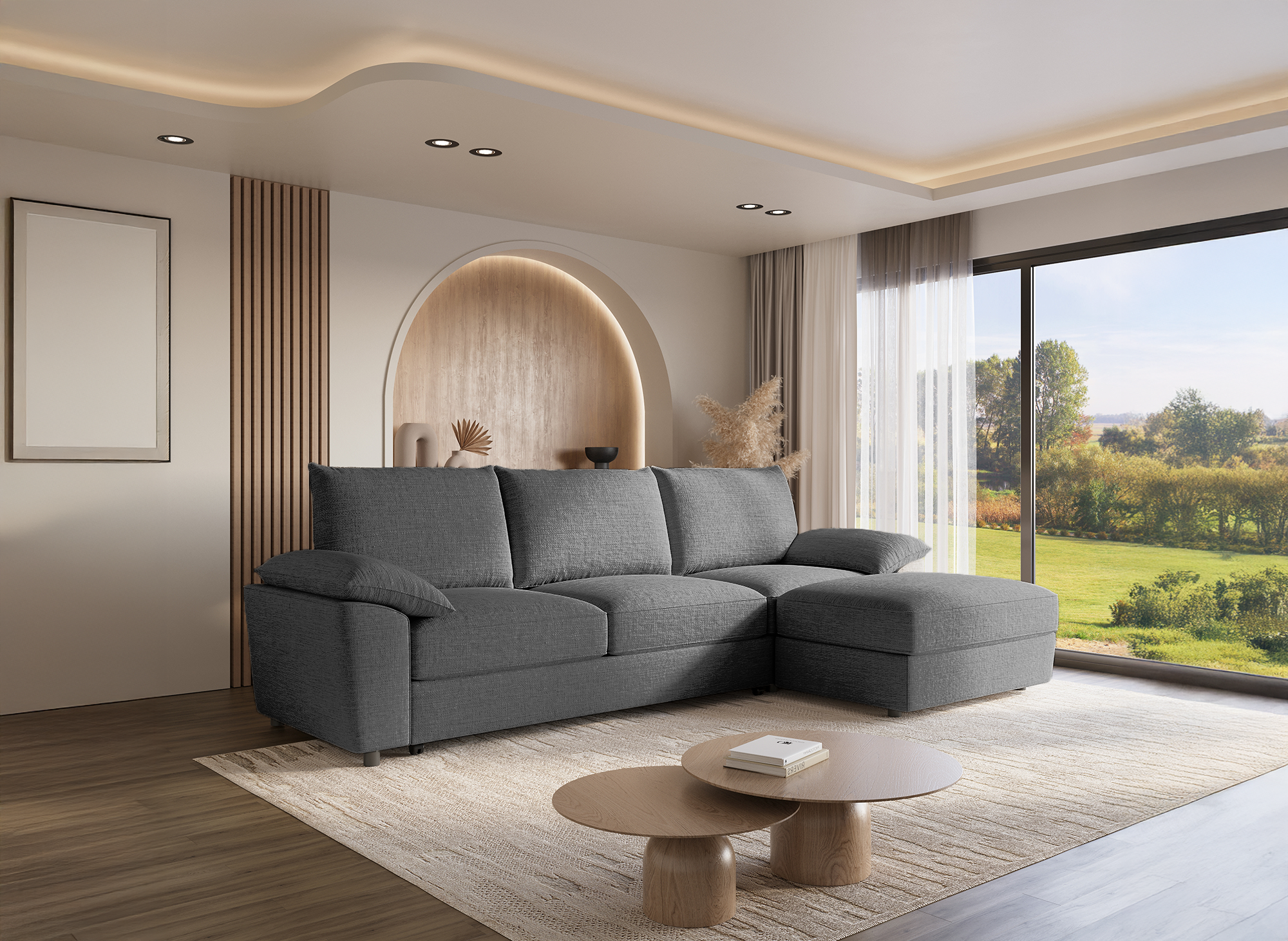 Sofá esquinero convertible GABIN con almacenaje en terciopelo gris jaspeado - Esquinero derecho