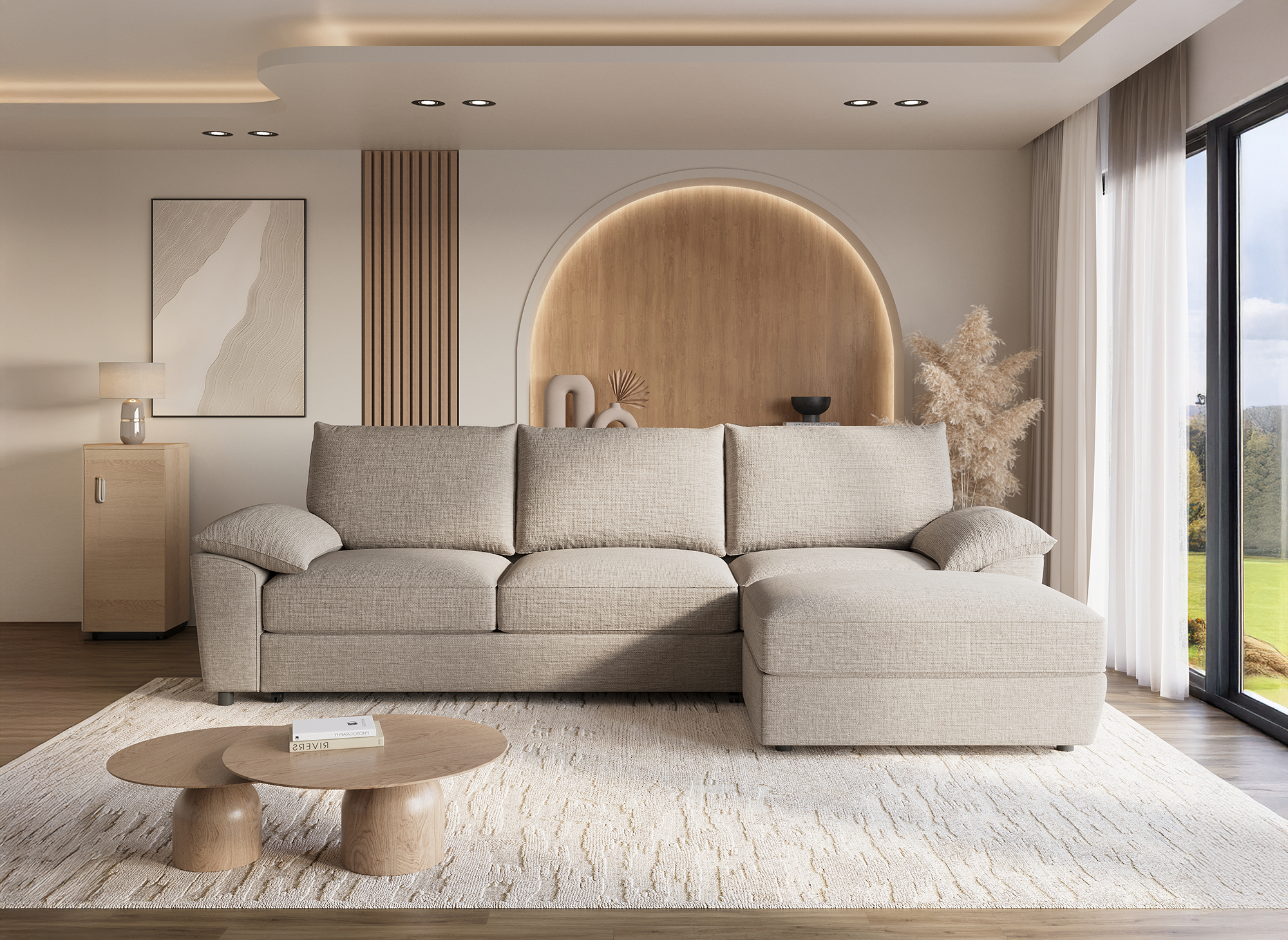 Sofá esquinero convertible GABIN con almacenaje en terciopelo jaspeado beige - Esquinero derecho