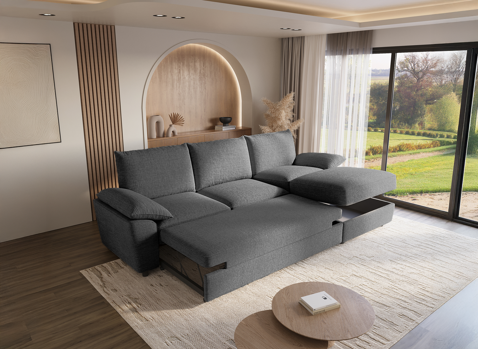 Sofá esquinero convertible GABIN con almacenaje en terciopelo gris jaspeado - Esquinero derecho