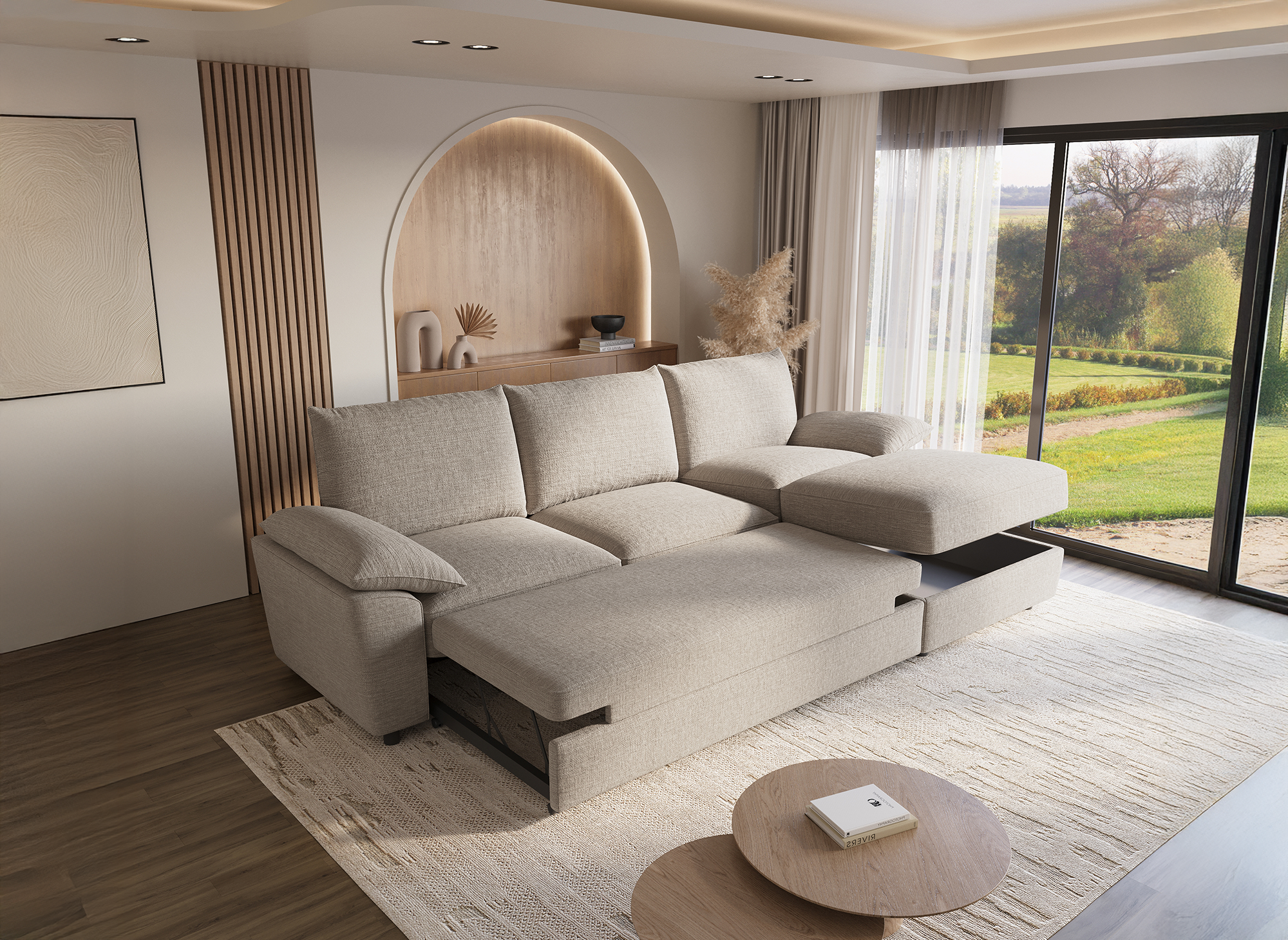 Sofá esquinero convertible GABIN con almacenaje en terciopelo jaspeado beige - Esquinero derecho