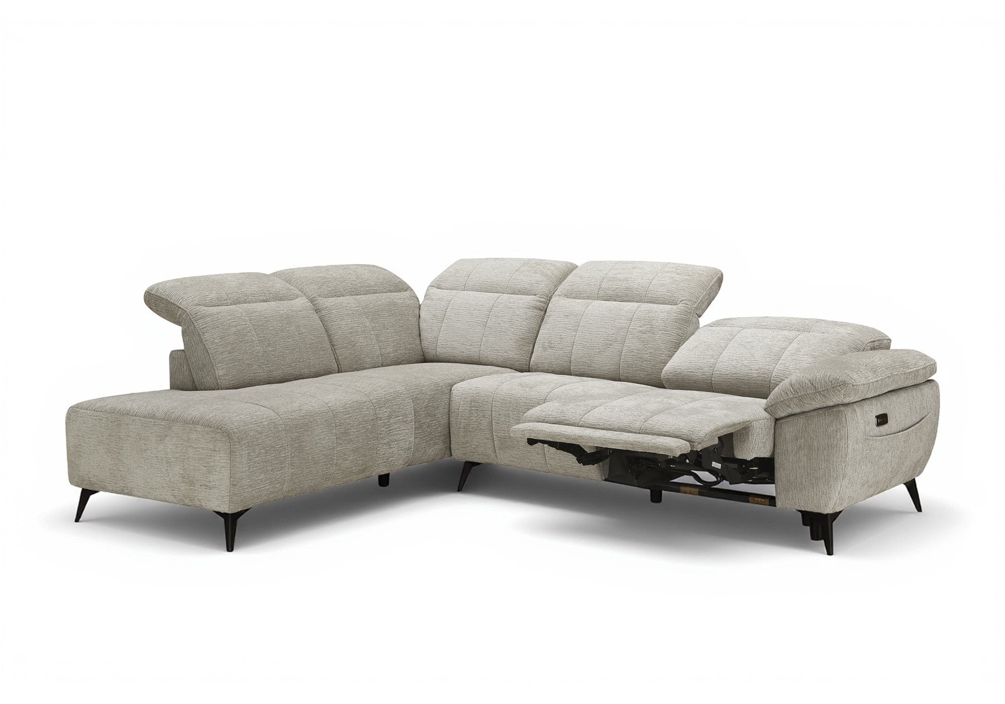 Sofá esquinero eléctrico reclinable SOLINA en terciopelo jaspeado beige - Esquina izquierda