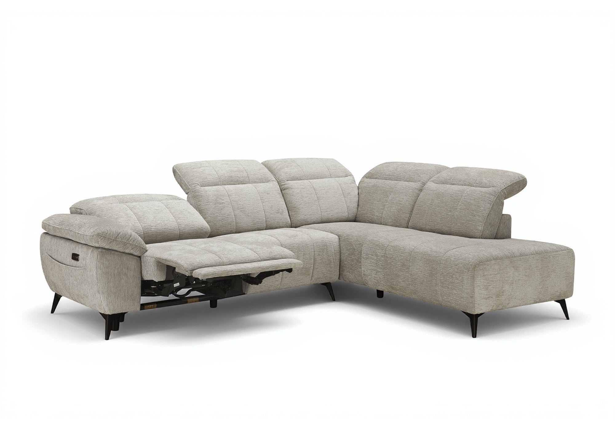 Sofá esquinero reclinable eléctrico SOLINA en terciopelo jaspeado beige - Esquinero derecho