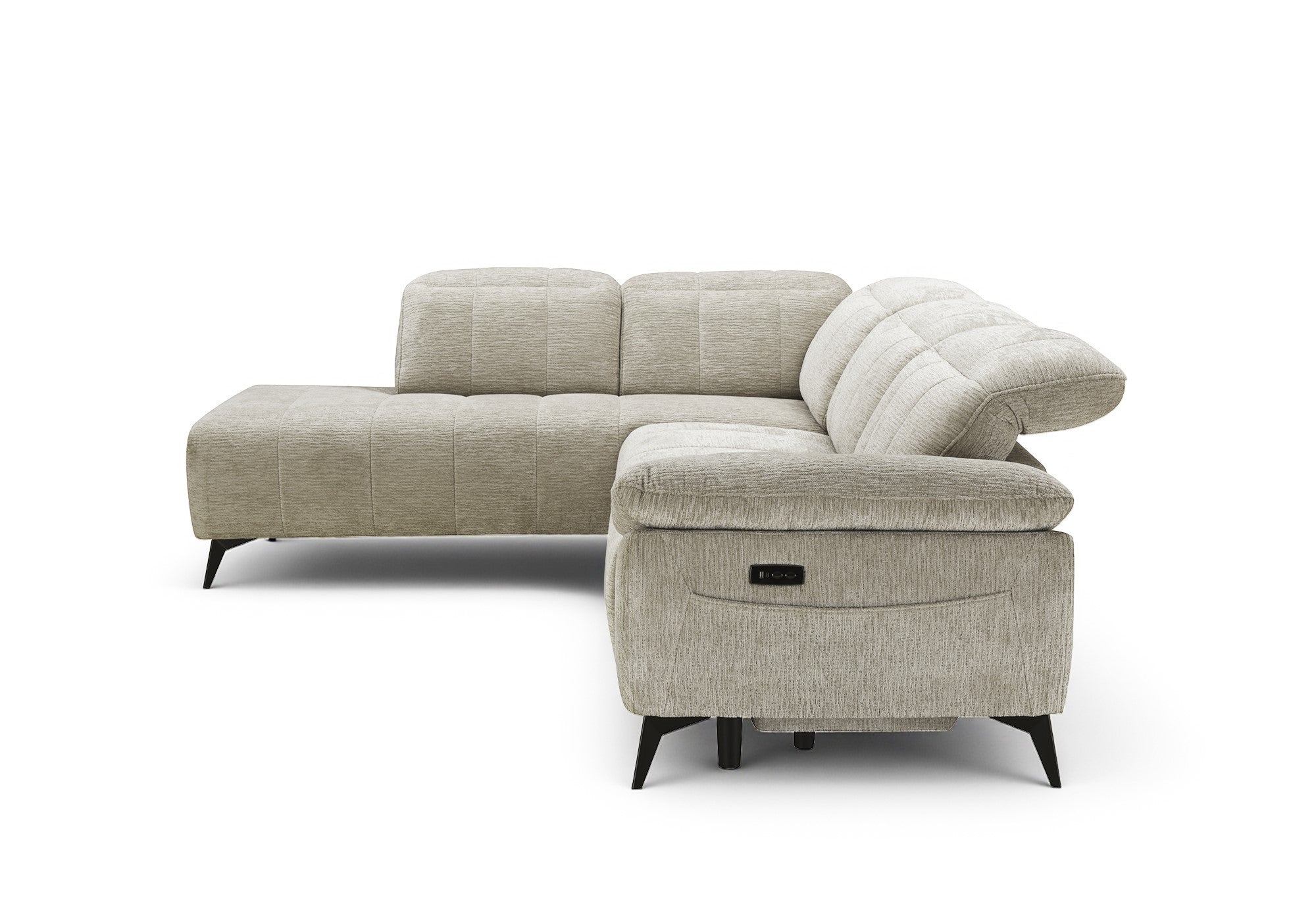 Sofá esquinero eléctrico reclinable SOLINA en terciopelo jaspeado beige - Esquina izquierda