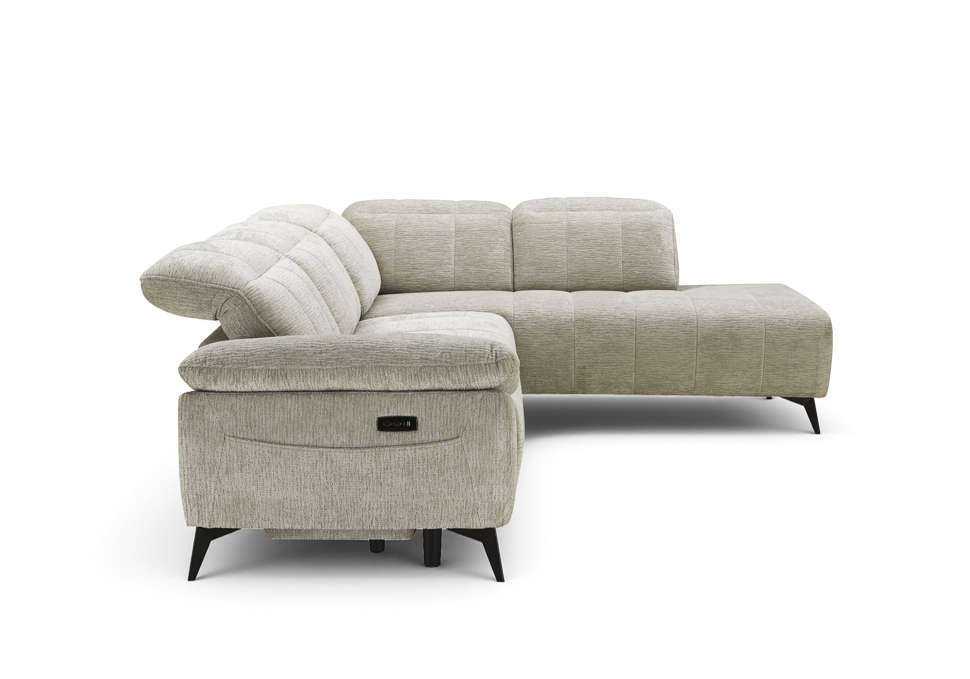 Sofá esquinero reclinable eléctrico SOLINA en terciopelo jaspeado beige - Esquinero derecho