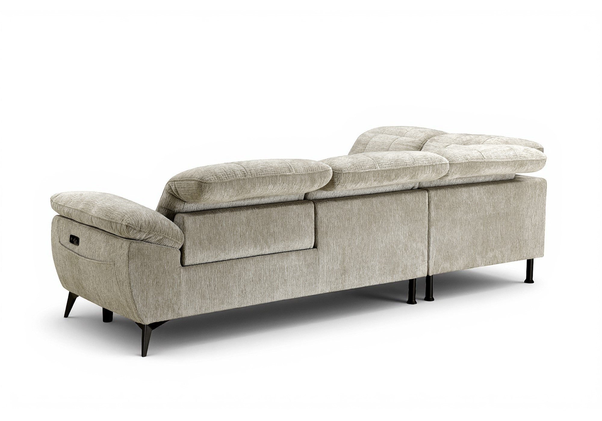 Sofá esquinero eléctrico reclinable SOLINA en terciopelo jaspeado beige - Esquina izquierda