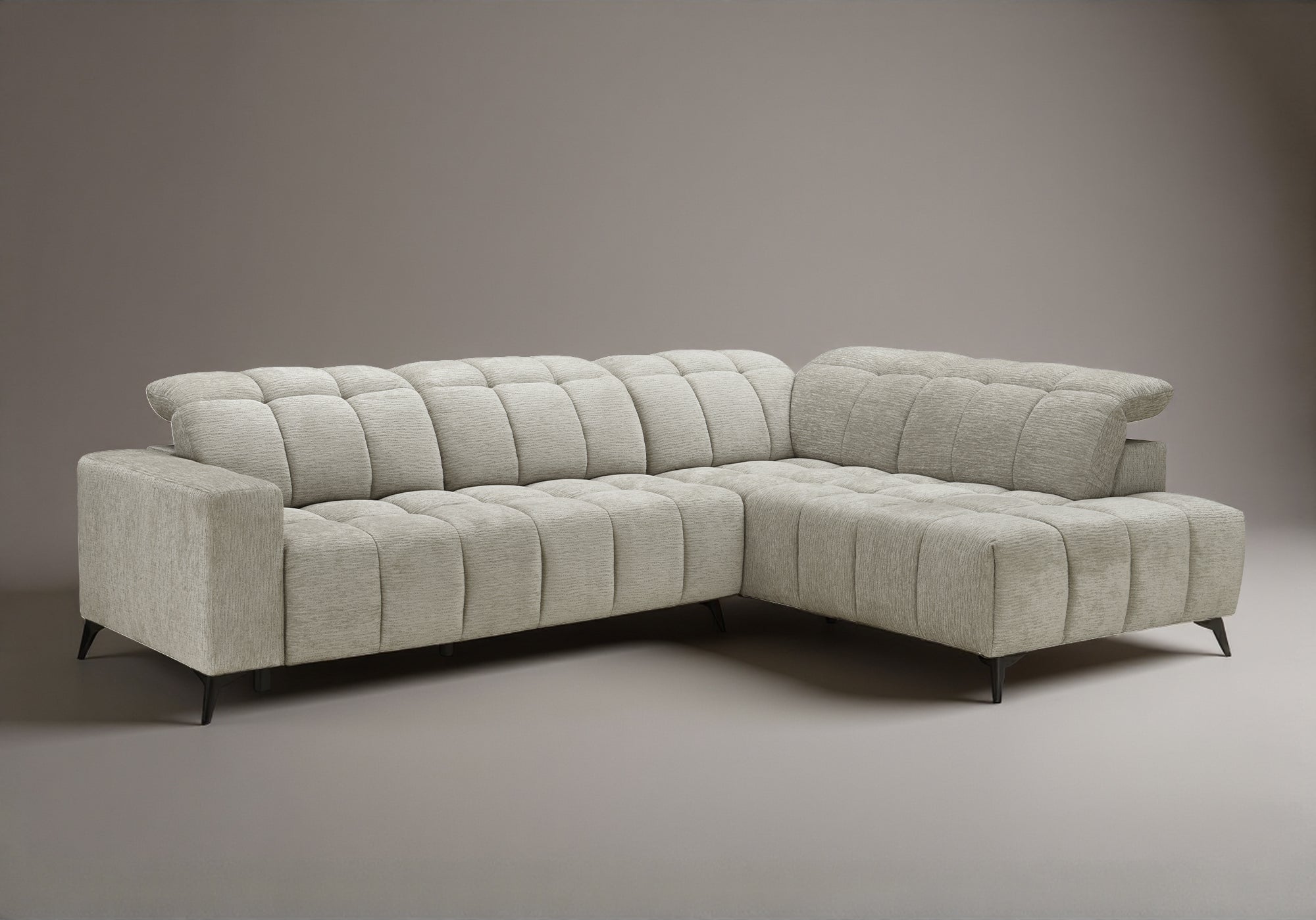 Sofá esquinero reclinable eléctrico ALVAR en terciopelo jaspeado beige - Esquinero derecho