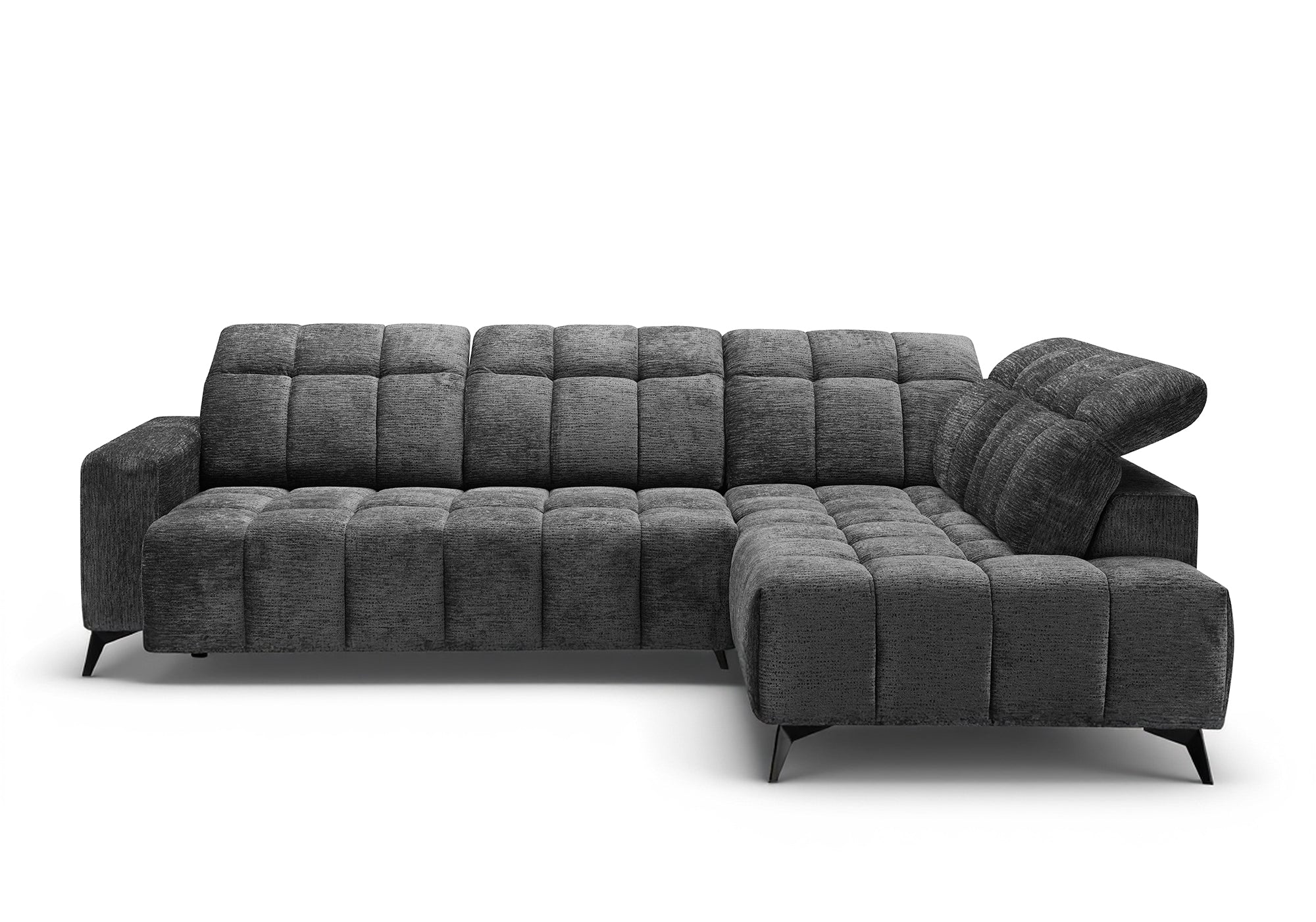 Sofá esquinero reclinable eléctrico ALVAR en terciopelo gris jaspeado - Esquinero derecho