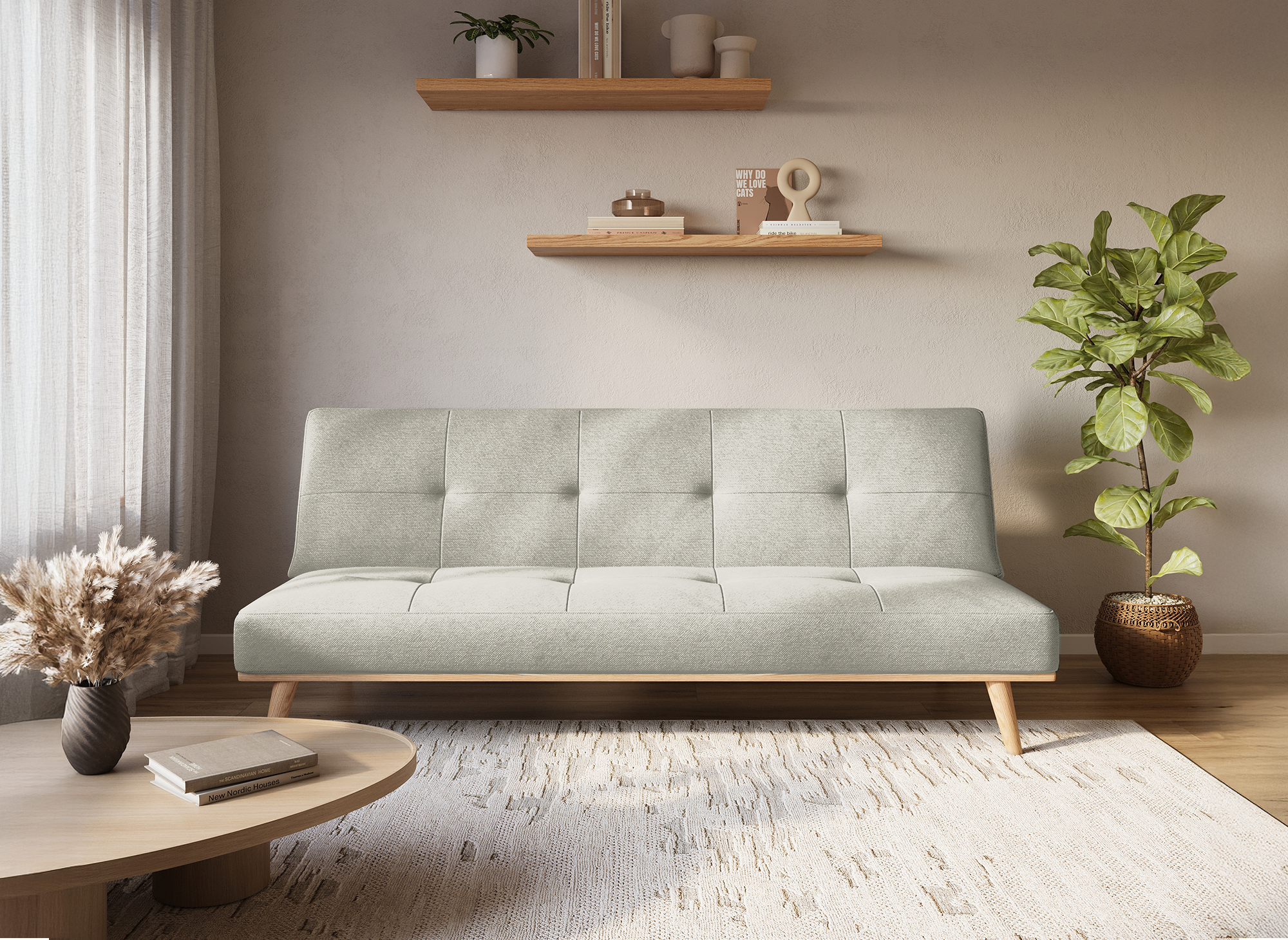 Sofá cama escandinavo de 3 plazas JESSY con mecanismo clic-clac en color beige