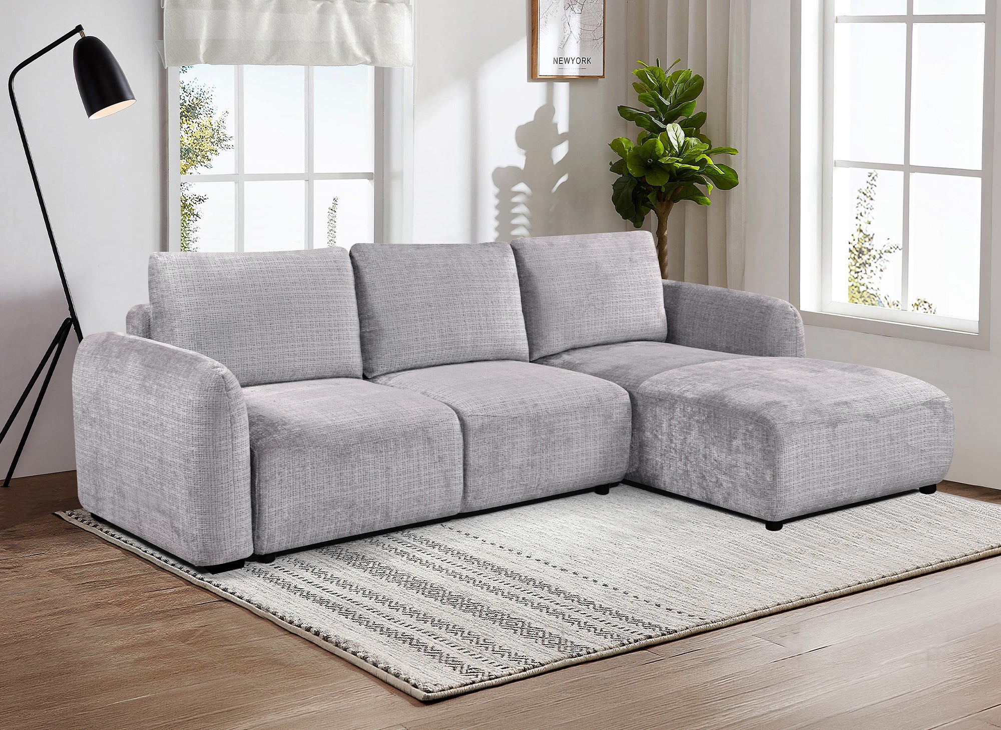 Sofá esquinero convertible MARLA con almacenaje en terciopelo gris jaspeado - Esquina derecha