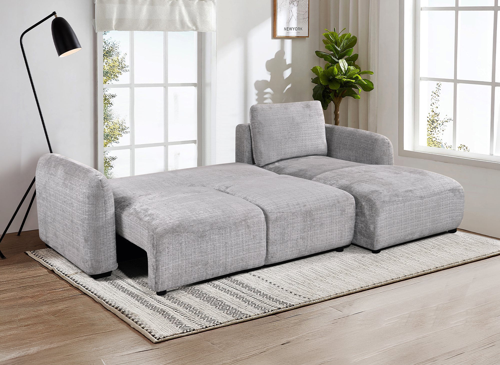 Sofá esquinero convertible MARLA con almacenaje en terciopelo gris jaspeado - Esquina derecha