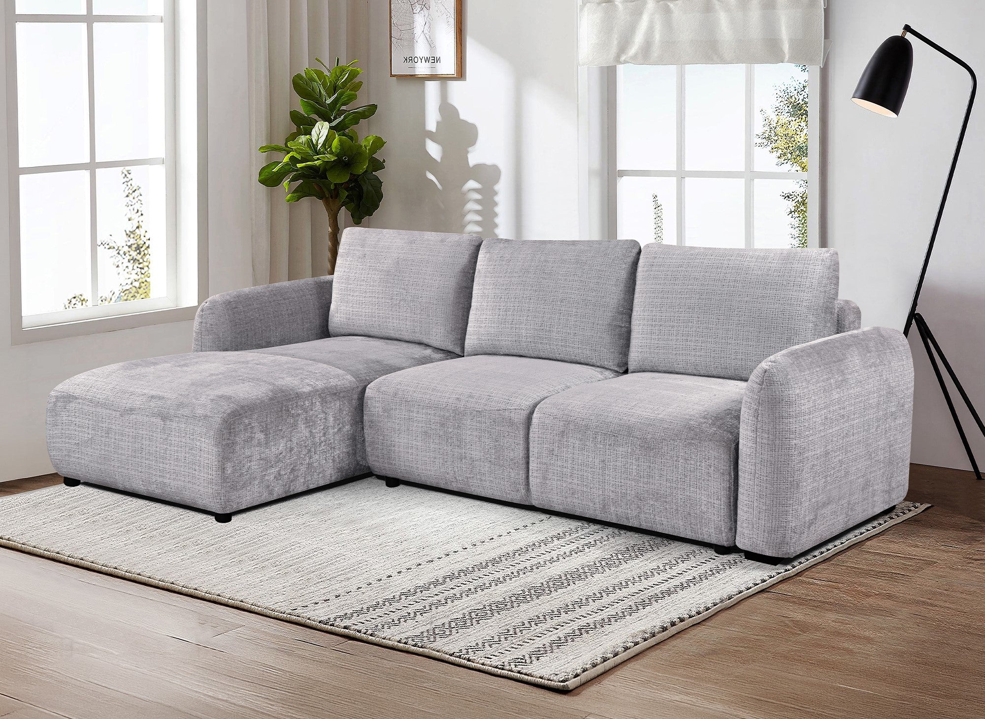 Sofá esquinero convertible MARLA con almacenaje en terciopelo gris jaspeado - Esquina izquierda