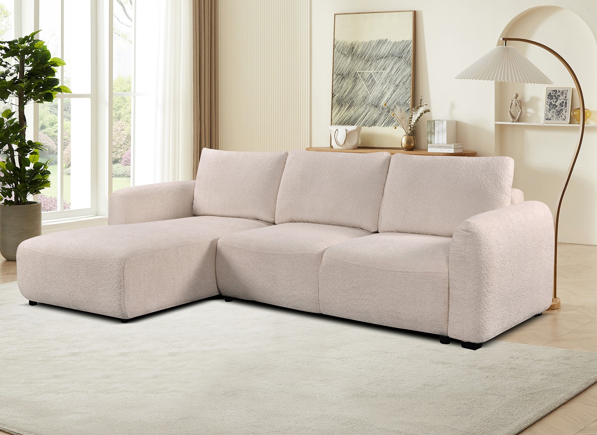 Sofá cama esquinero MARLA con almacenaje en tela bouclé beige - Esquina izquierda