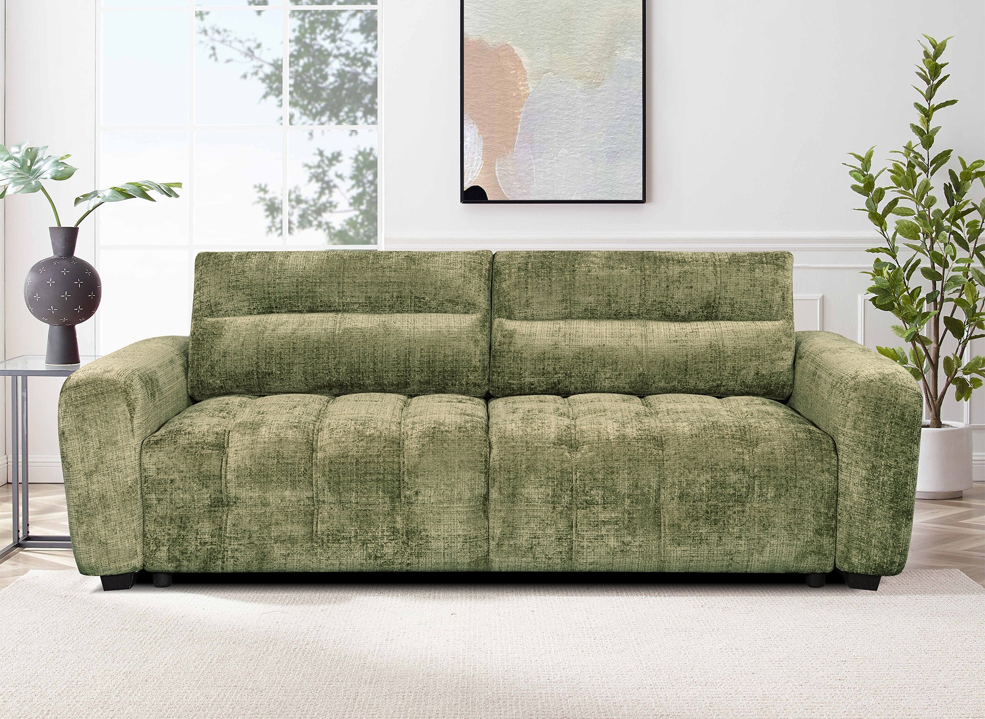 Sofá cama RALYA de 3 plazas con almacenaje en terciopelo jaspeado verde oliva