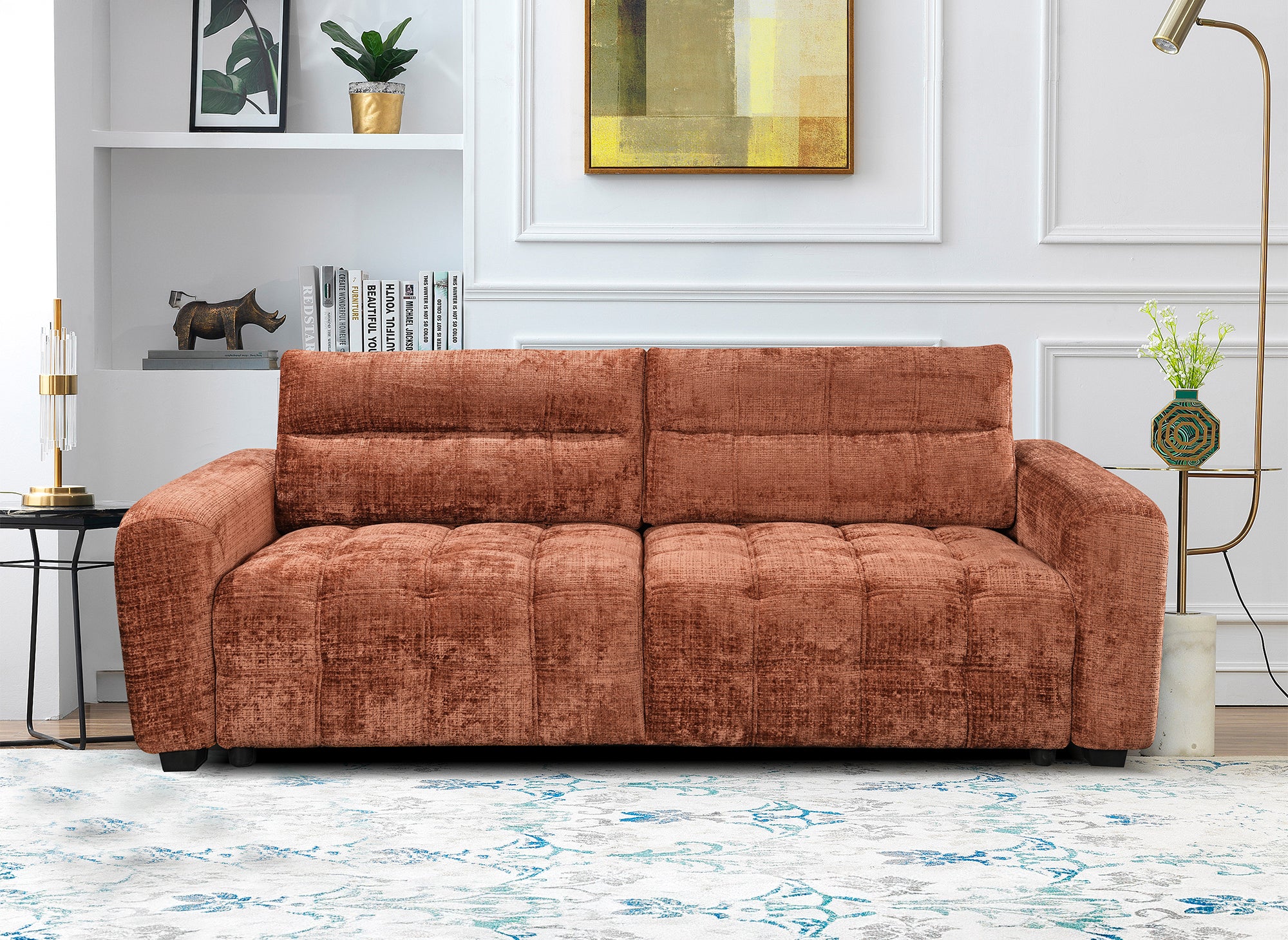 Sofá cama RALYA de 3 plazas con almacenaje en terciopelo terracota jaspeado