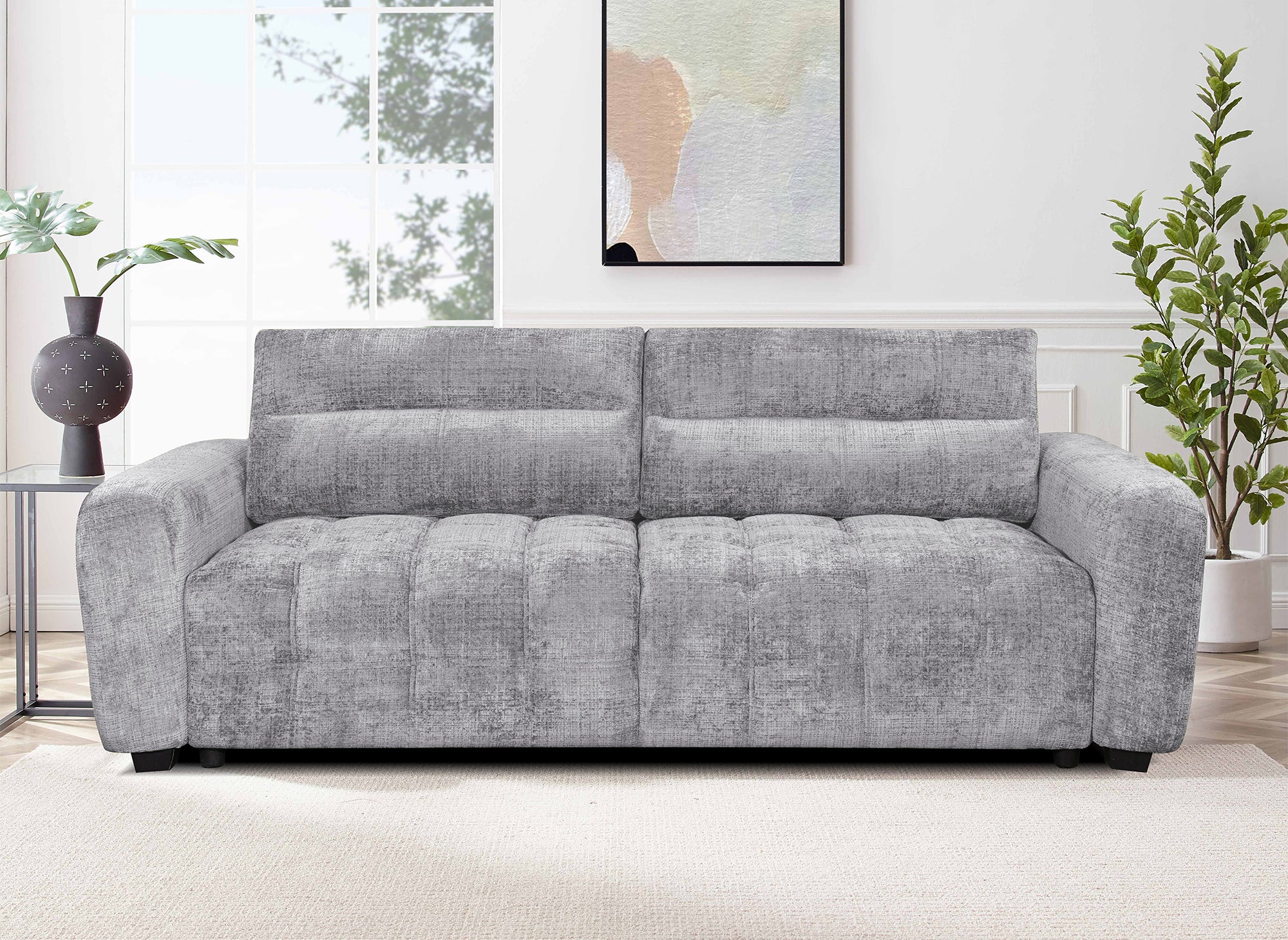 Sofá cama de 3 plazas RALYA con almacenaje en terciopelo gris jaspeado