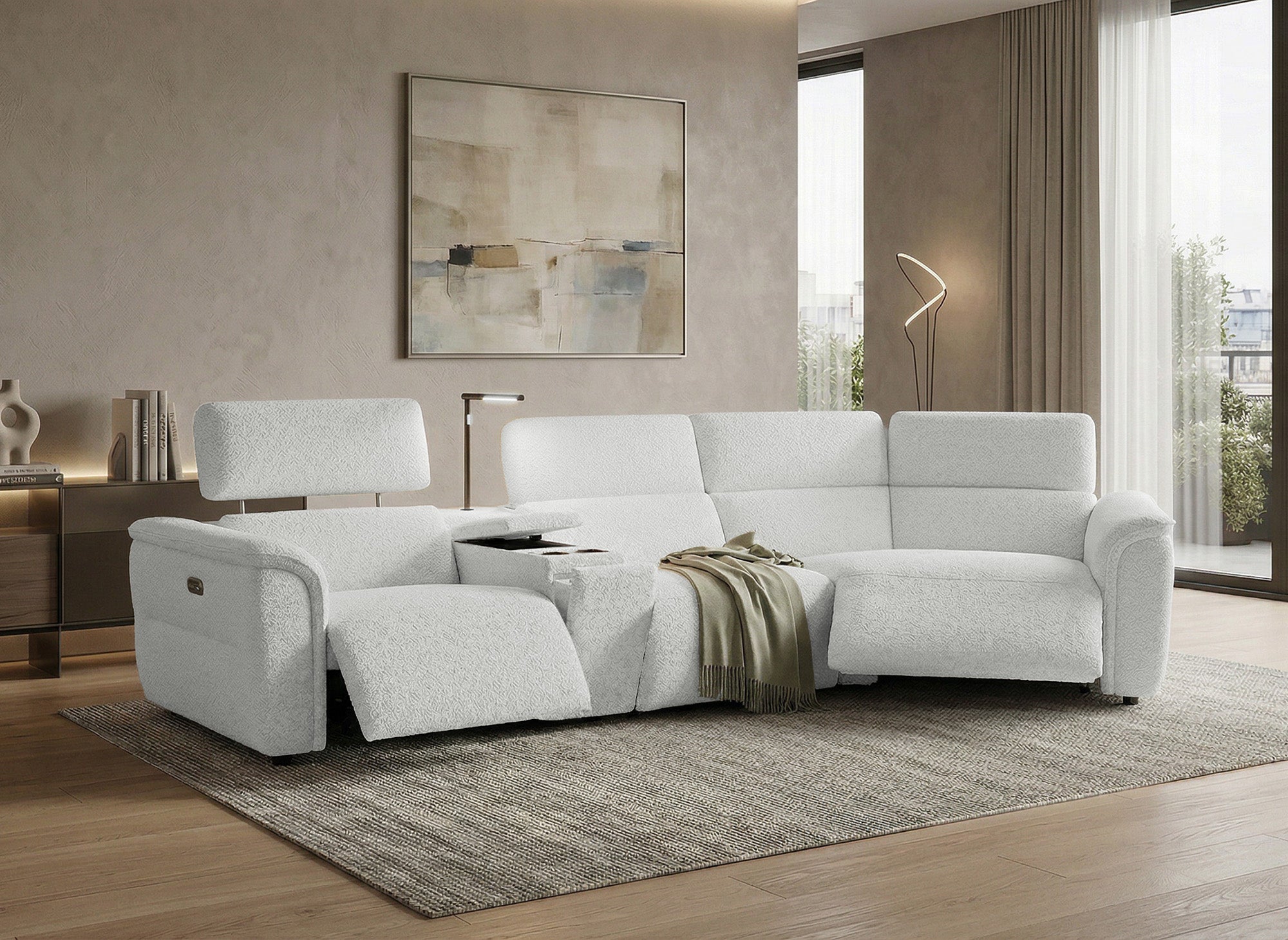 Sofá esquinero reclinable MARINA en suave tela bouclé beige - Esquinero derecho