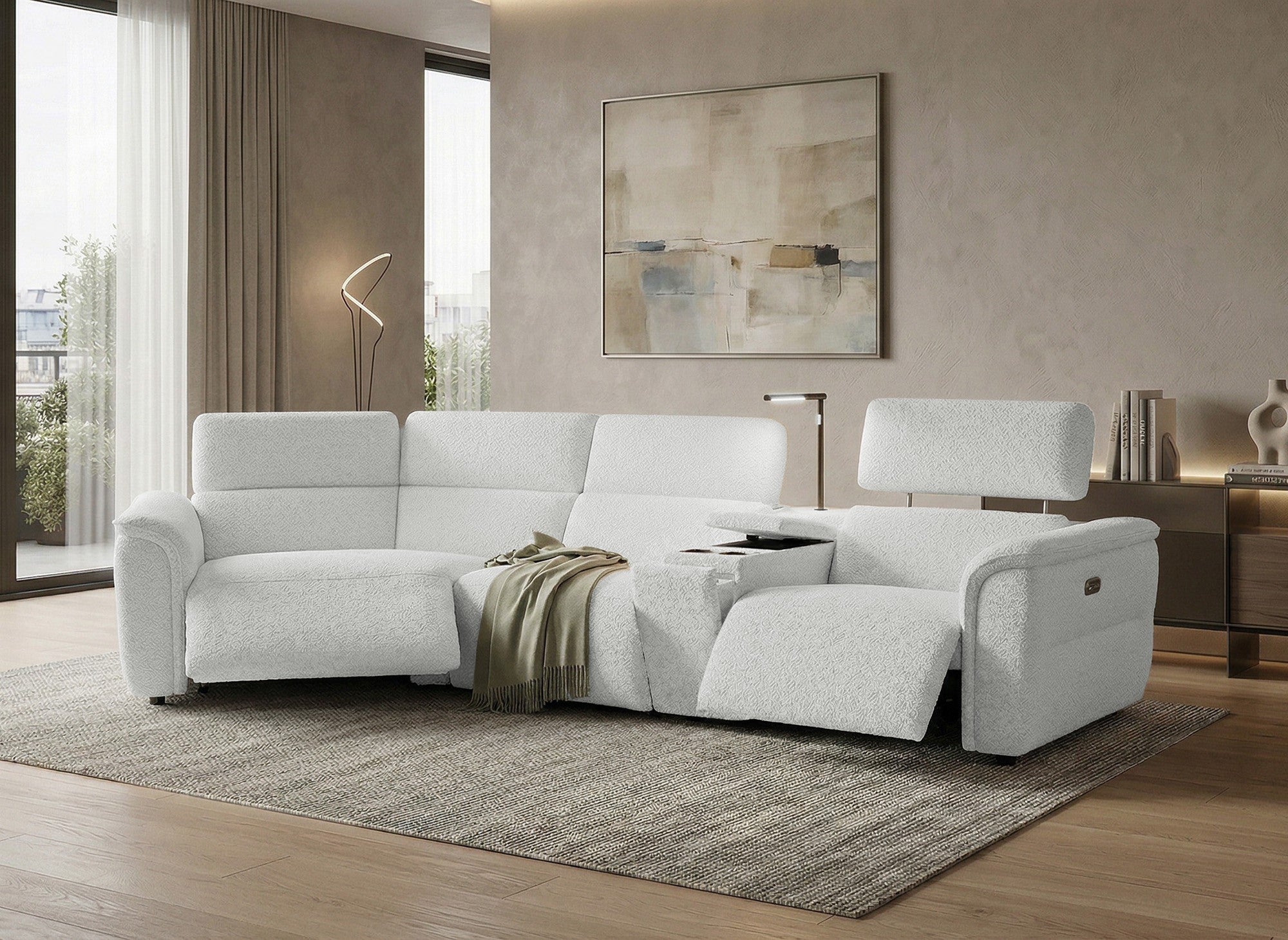 Sofá esquinero reclinable MARINA en suave tela bouclé beige - Esquina izquierda