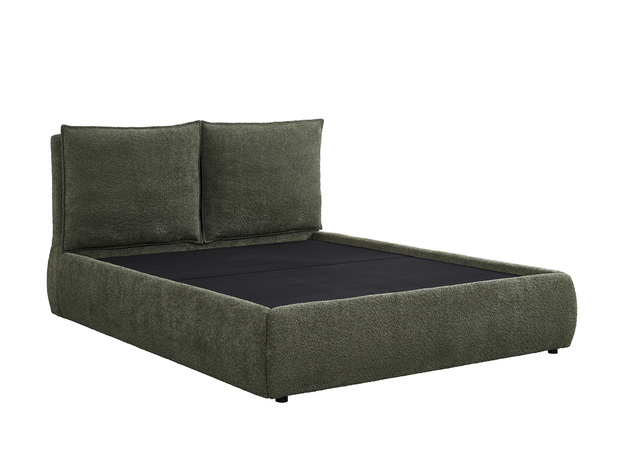 Cama con almacenaje MELY de 180x200 cm, tapizada en bouclé verde oliva.