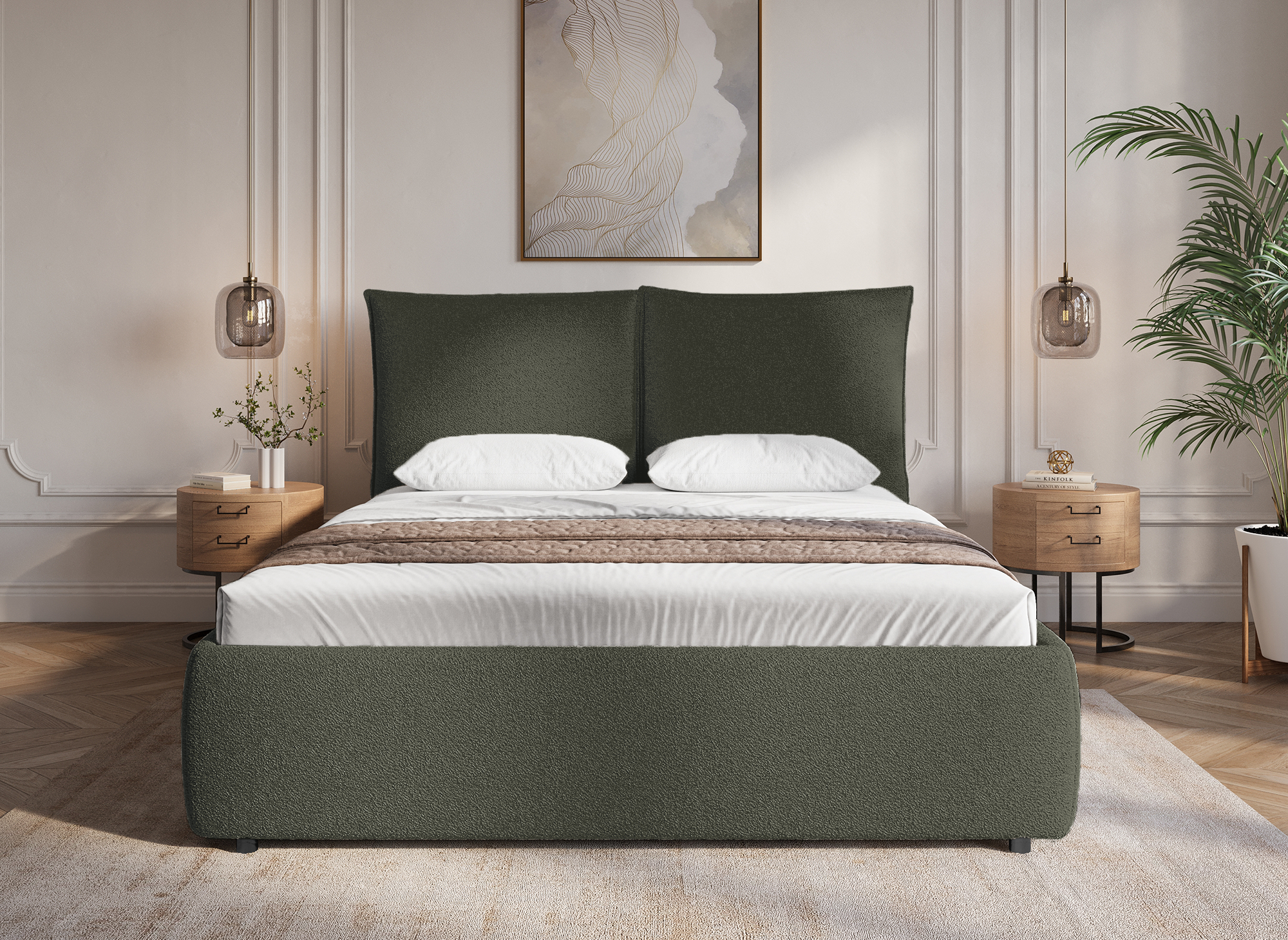 Cama con almacenaje MELY de tela bouclé verde oliva, 140 x 190 cm