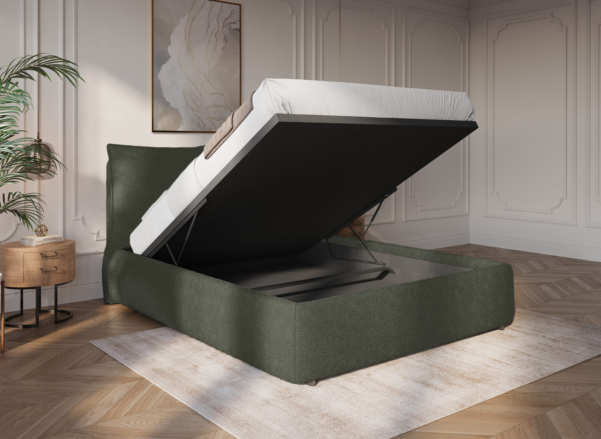 Cama con almacenaje MELY de tela bouclé verde oliva, 140 x 190 cm