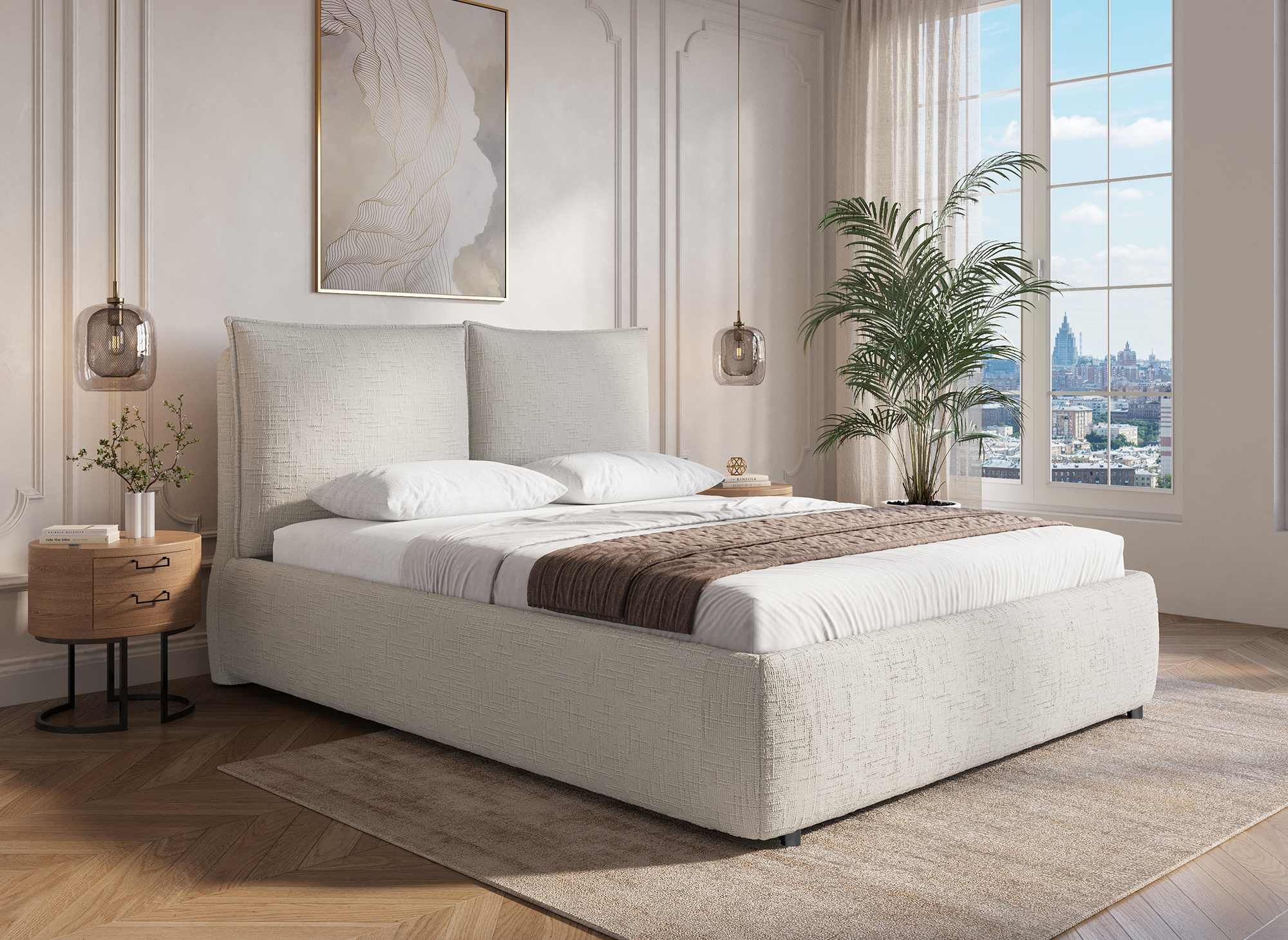 Cama con almacenaje MELY de terciopelo jaspeado beige de 160x200 cm