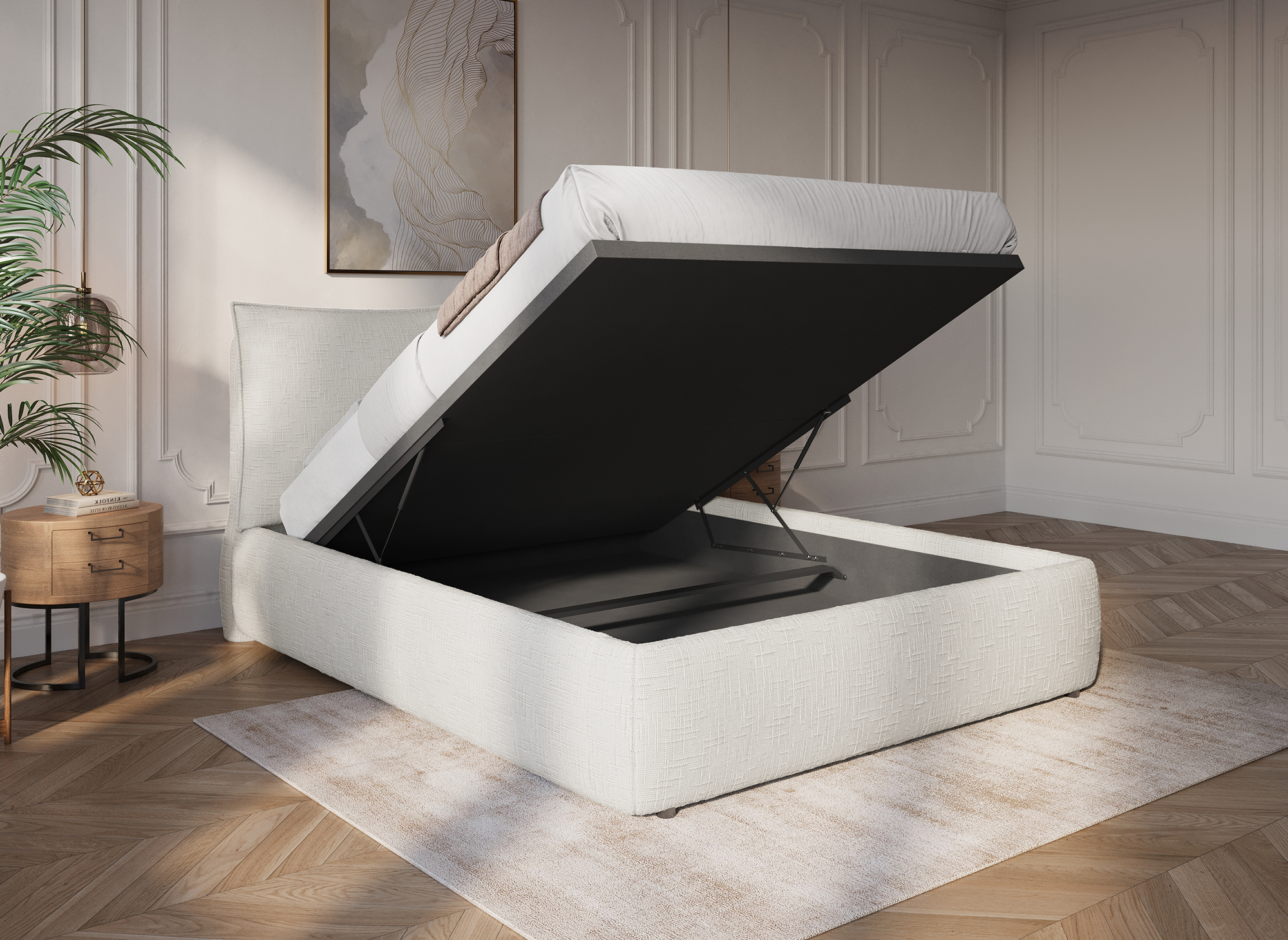 Cama con almacenaje MELY de terciopelo jaspeado beige, 140 x 190 cm