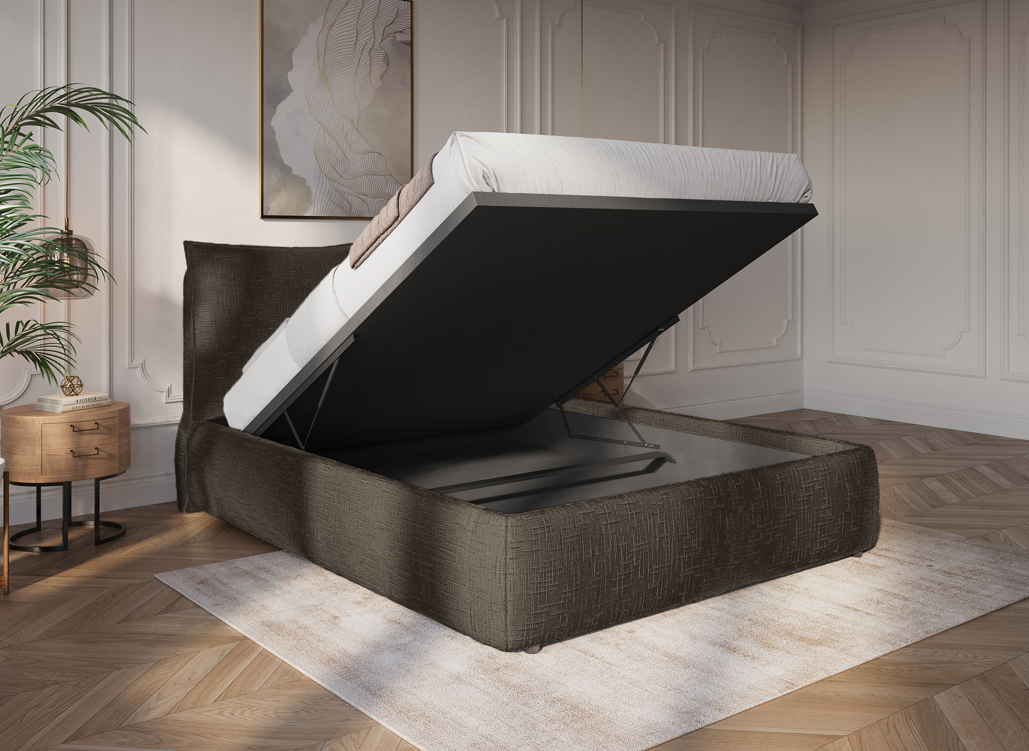 Cama con almacenaje MELY de terciopelo marrón jaspeado, 140x190 cm