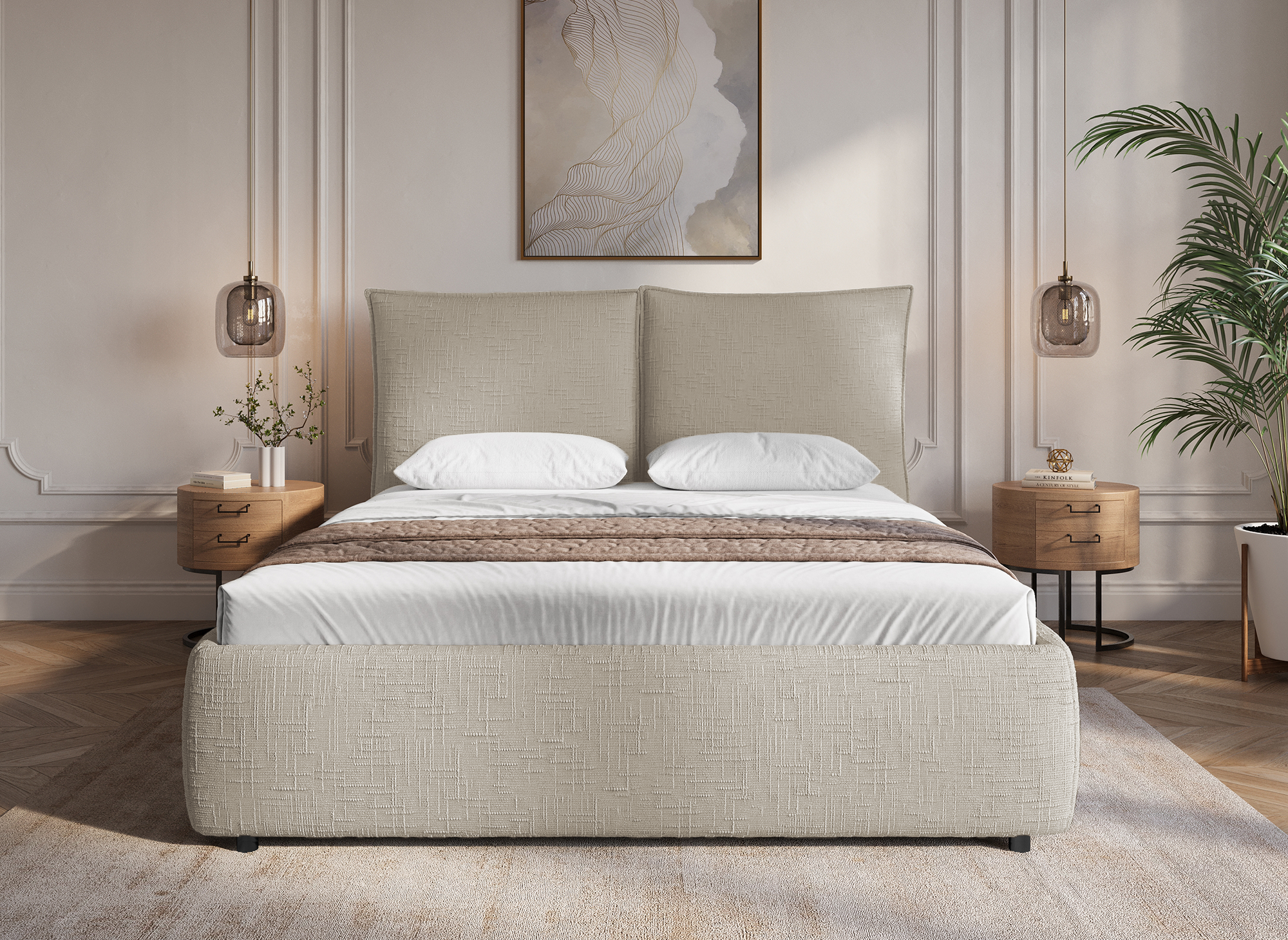 Cama con almacenaje MELY de terciopelo jaspeado color topo, 160x200 cm