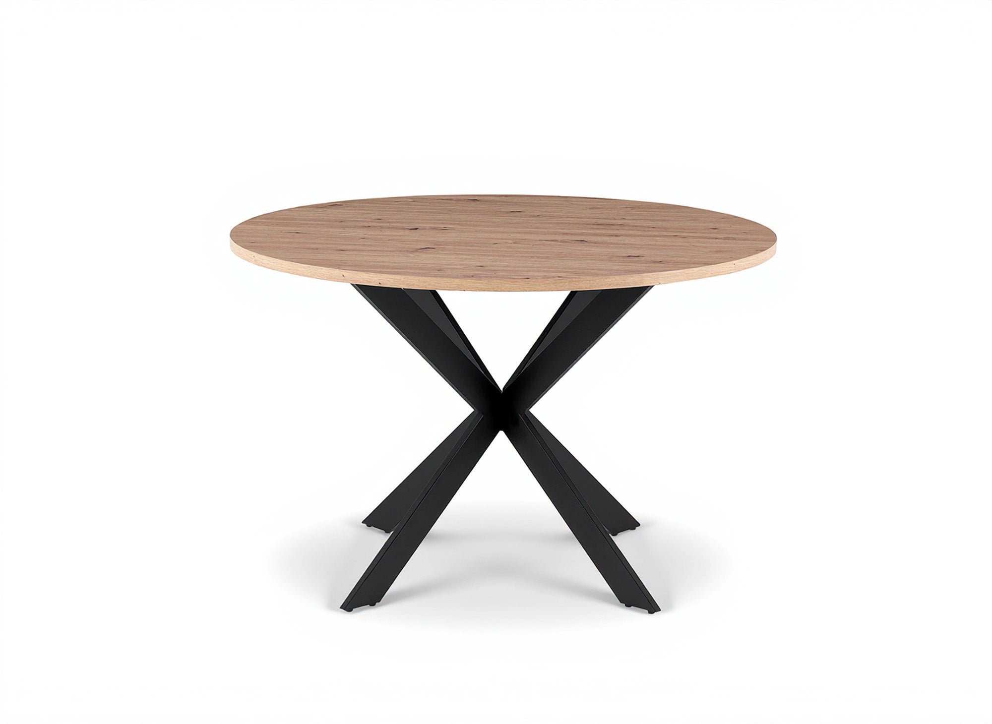 Mesa de comedor redonda SINAYA con tablero efecto madera y patas de metal negro.