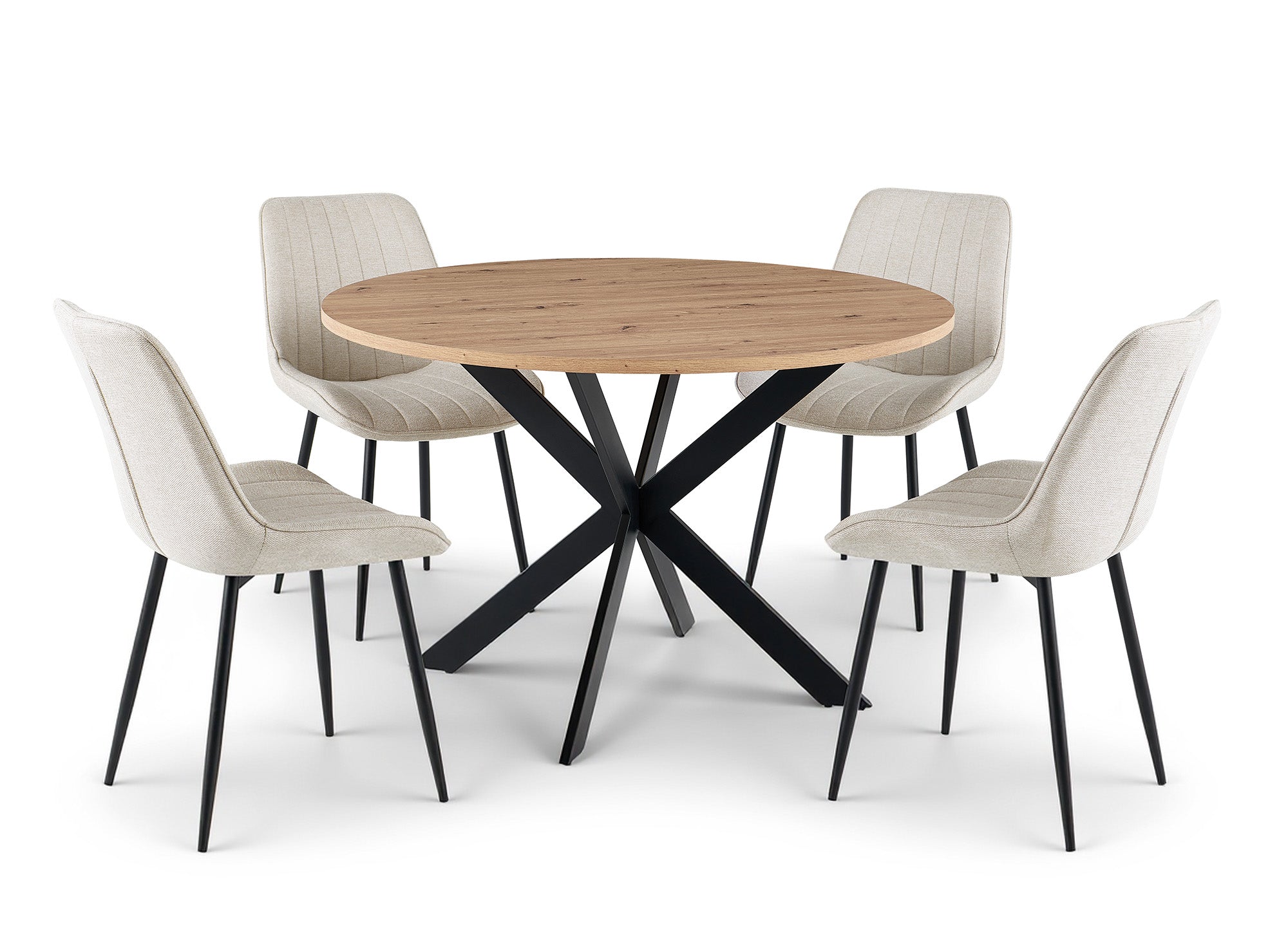 Mesa de comedor redonda SINAYA con tablero efecto madera y patas de metal negro.