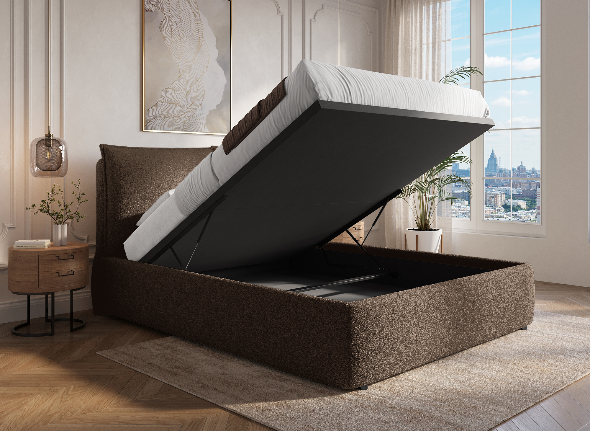 Cama con almacenaje MELY tapizada en bouclé marrón, 140x190 cm