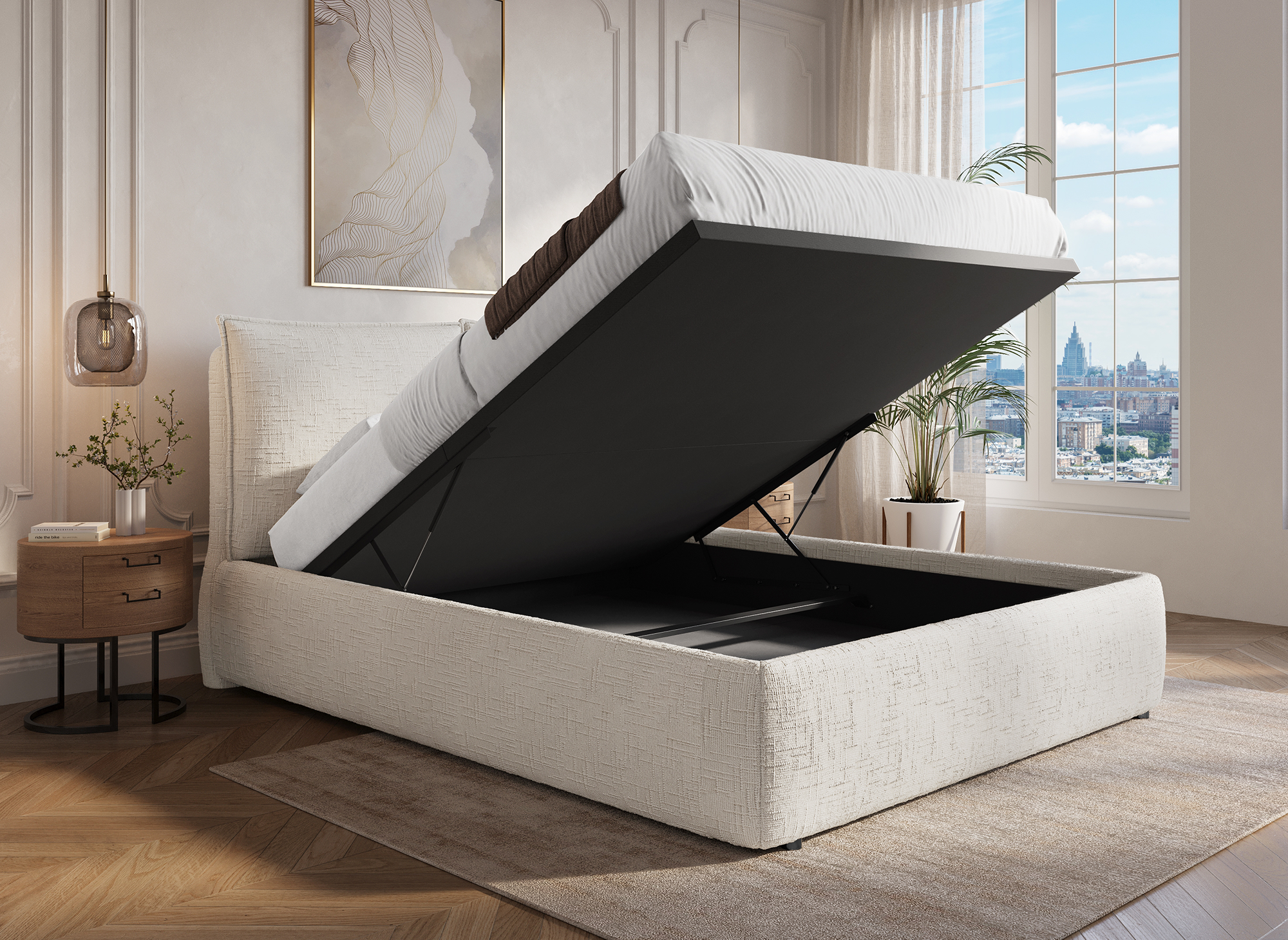 Cama con almacenaje MELY de terciopelo jaspeado beige, 140 x 190 cm