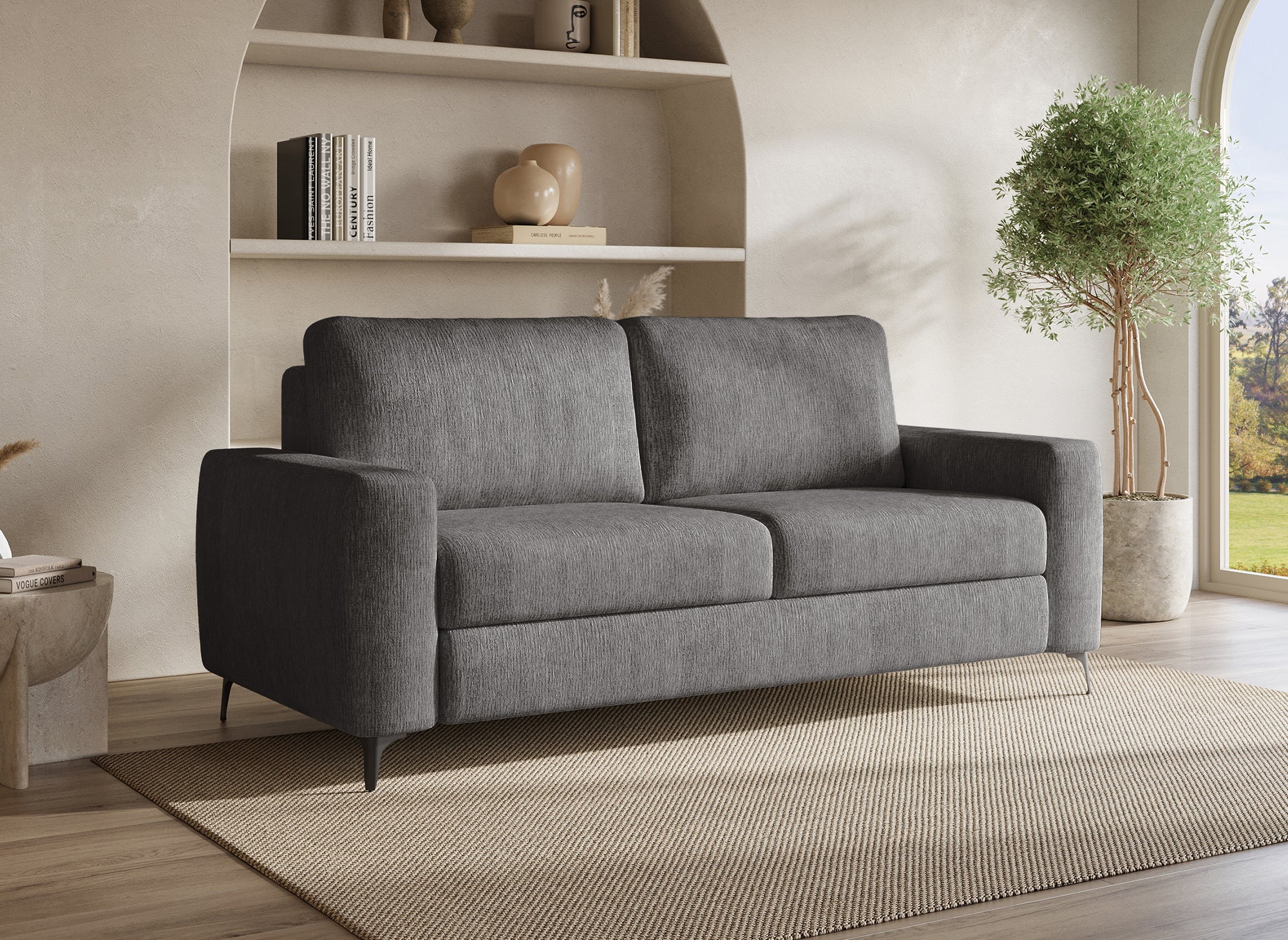 Sofá convertible exprés de 3 plazas NONA en terciopelo jaspeado gris oscuro