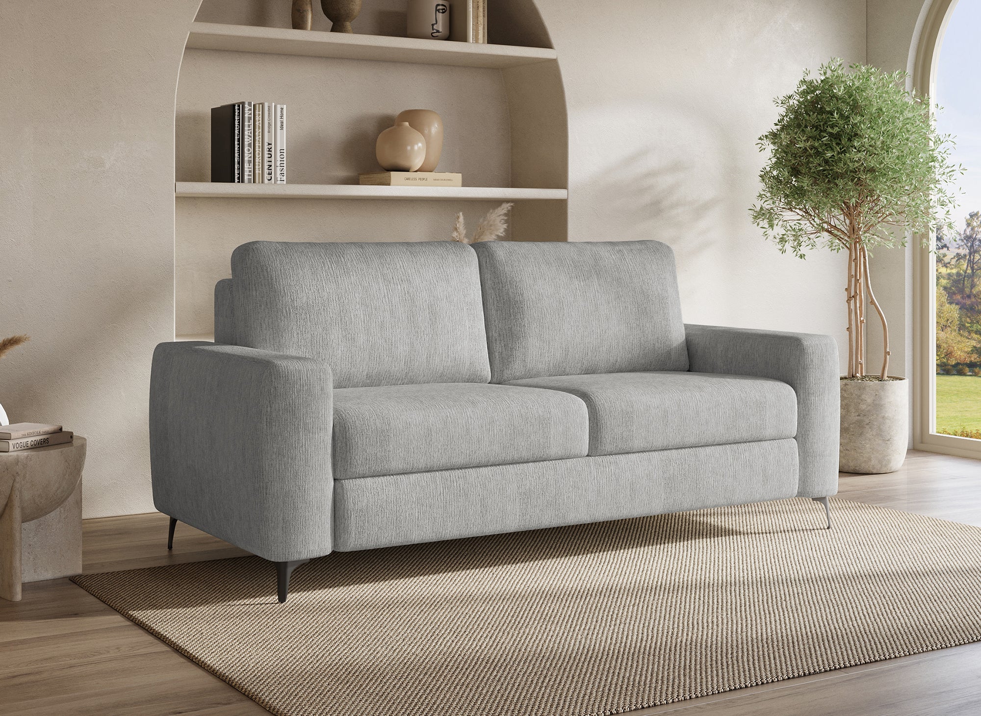 Sofá convertible exprés de 3 plazas NONA en terciopelo jaspeado gris claro