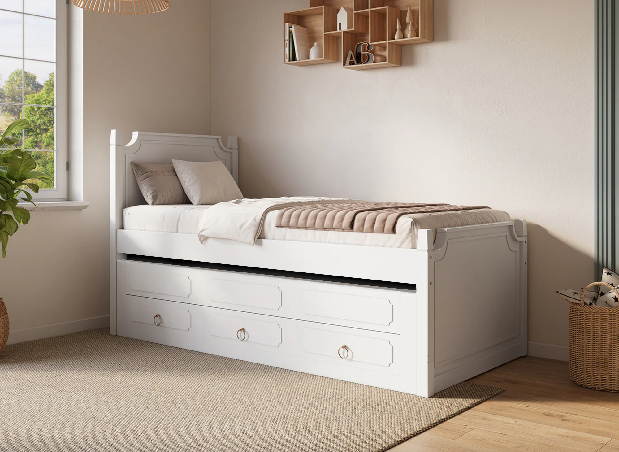 Cama nido PAULINE con cajones en madera blanca, 90 x 190 cm