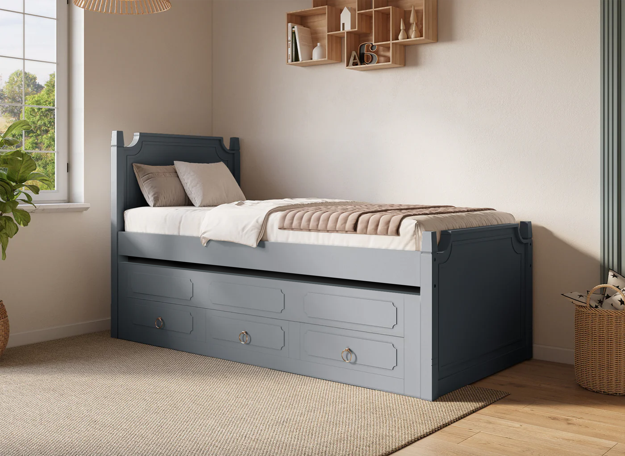Cama nido PAULINE con cajones en madera gris, 90 x 190 cm