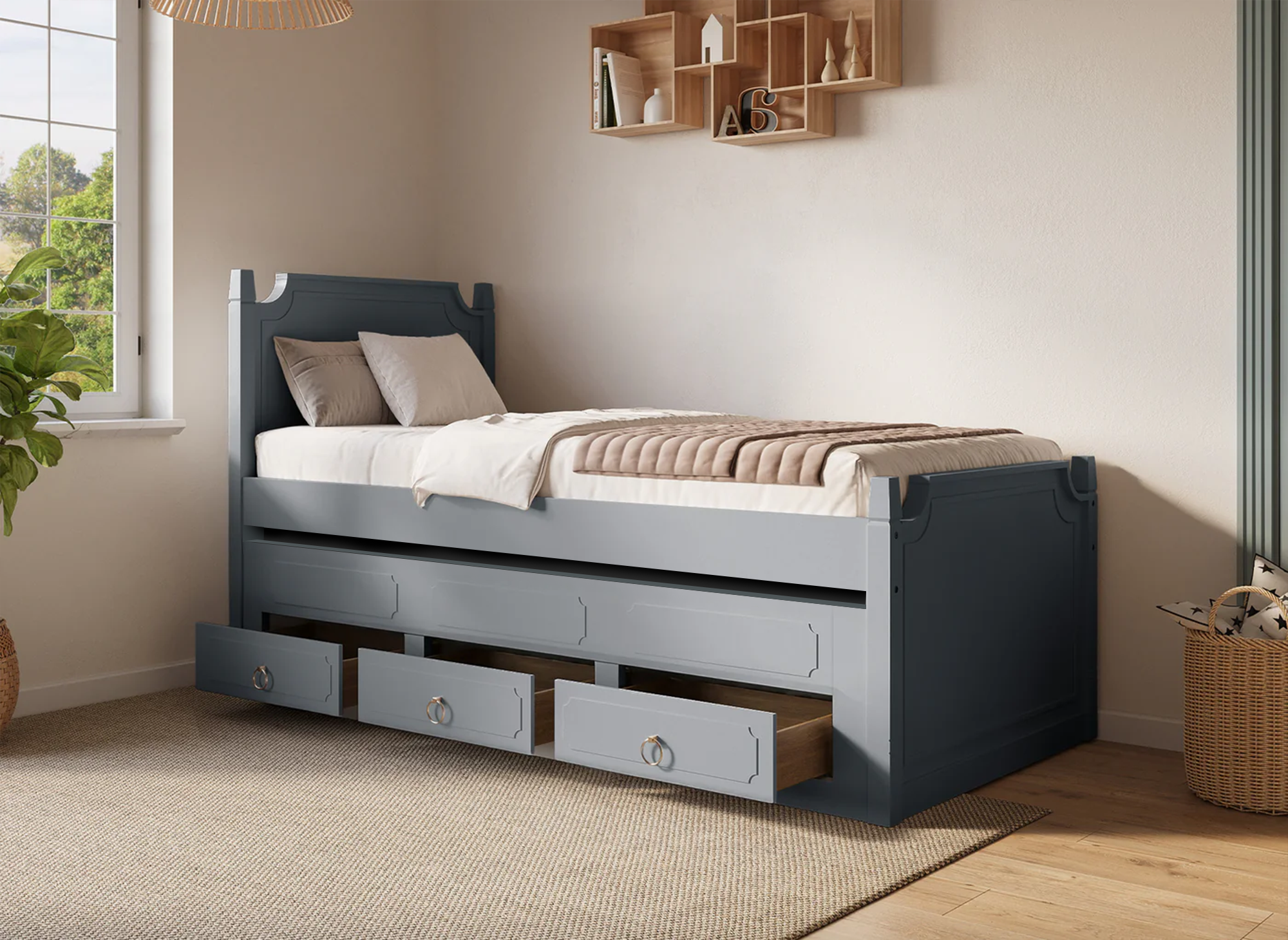 Cama nido PAULINE con cajones en madera gris, 90 x 190 cm