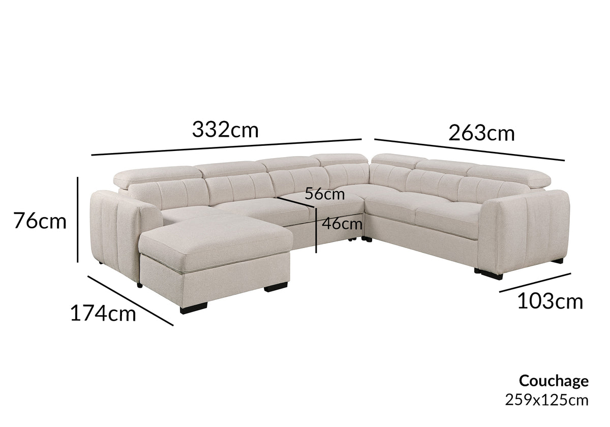 Sofá panorámico convertible con cómoda en tejido rizo beige NAJAH - Esquina izquierda