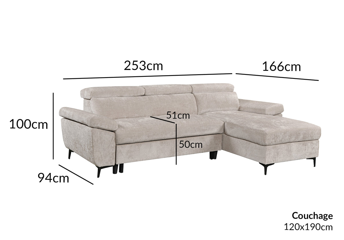 Sofá esquinero convertible en terciopelo jaspeado beige MONICA - Ángulo recto