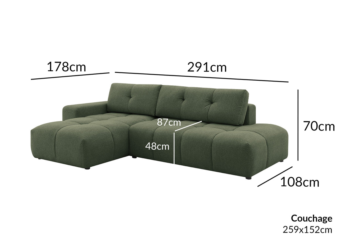 Sofá esquinero convertible con cómoda en tejido texturado verde oliva ANGELINE - Esquina izquierda