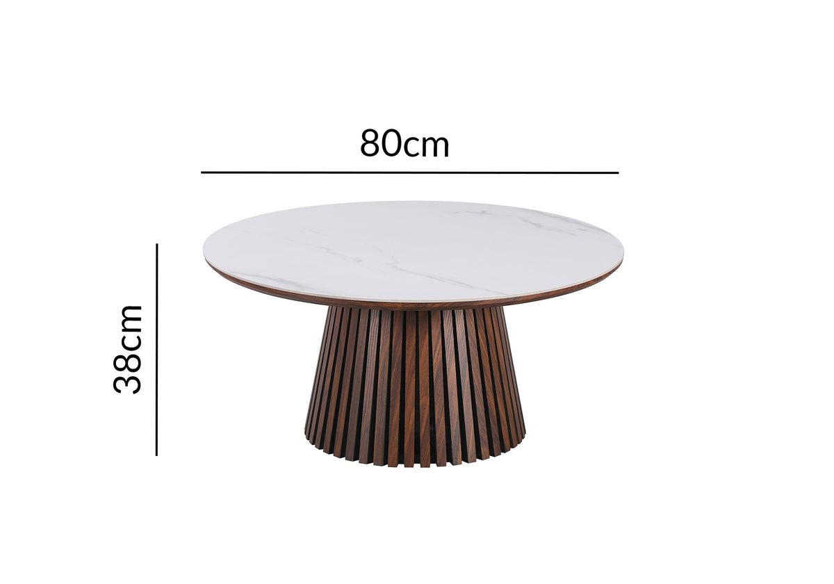 Mesa de centro redonda HEKA de madera oscura con tablero de cerámica blanca
