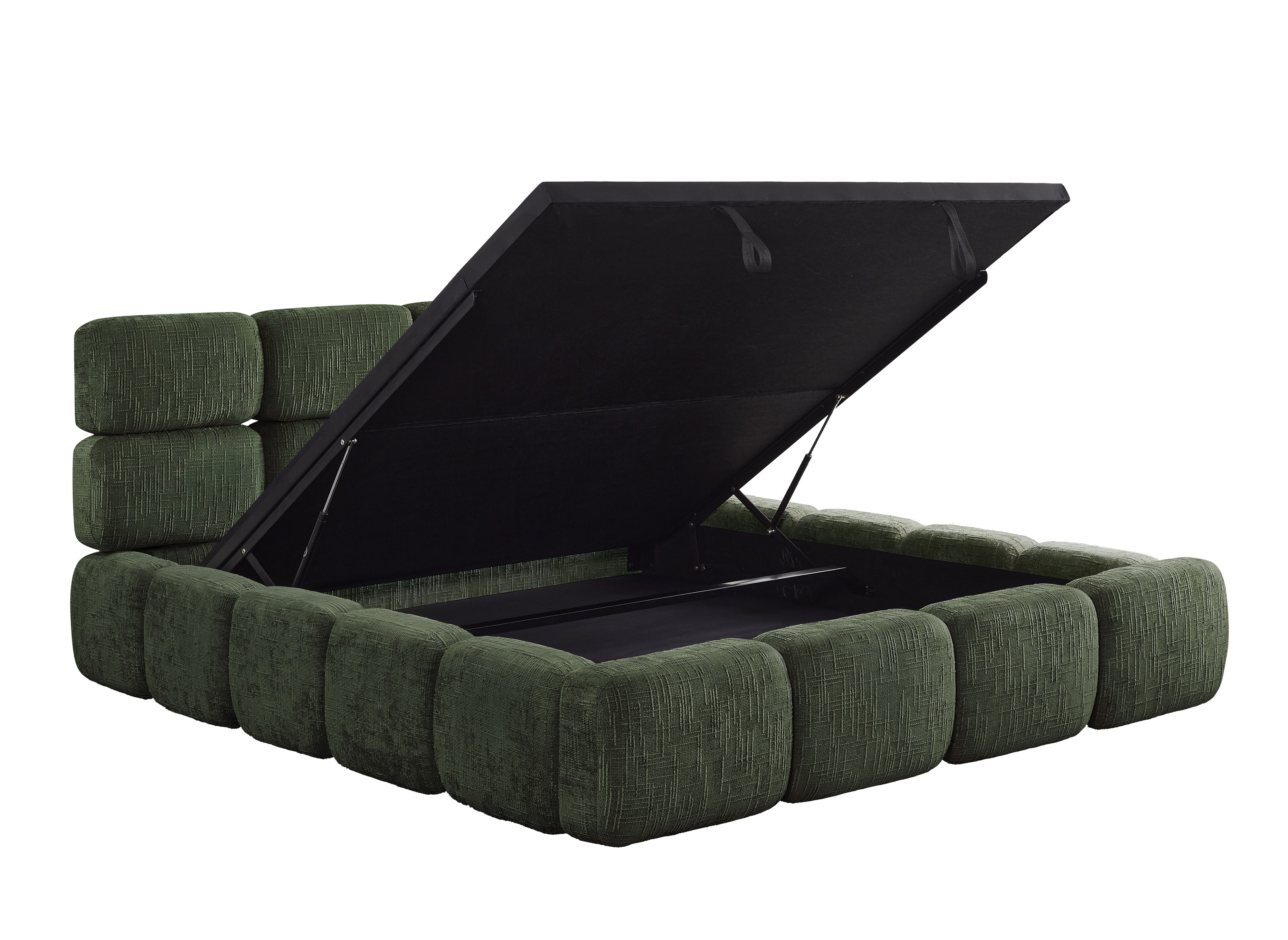 Cama con almacenaje BUBBLE en terciopelo jaspeado verde oliva de 140x190 cm